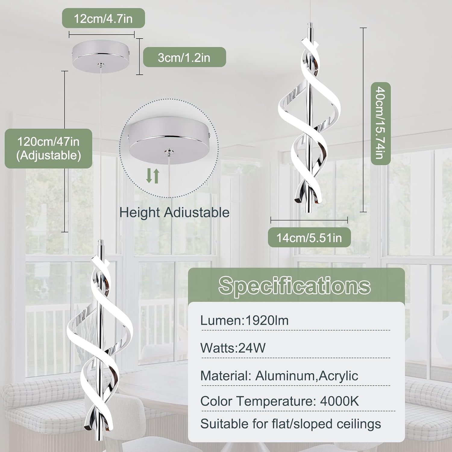 Modern LED Pendant Light Fixtures 4000K Pendant Lights Chrome Hanging Lamp for Dining Room Bedroom Living Room (1 Pack)