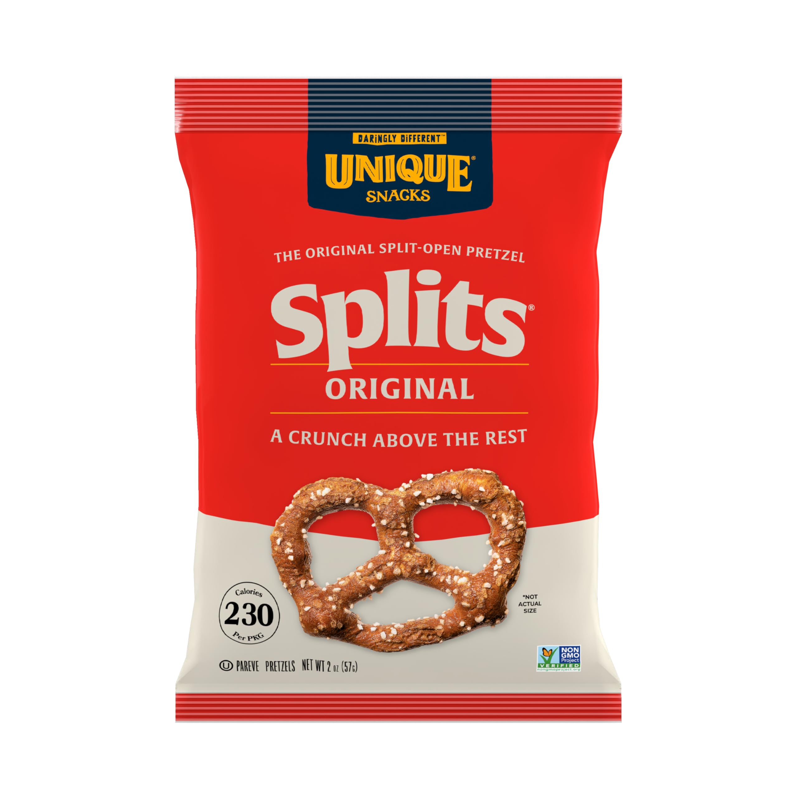 Unique Snacks Original Splits Pretzels, Delicious Homestyle-Baked Snack Bag, OU Kosher, and Non-GMO Food, No Artificial Flavor, 2.12 Oz. Bag, Pack of 12