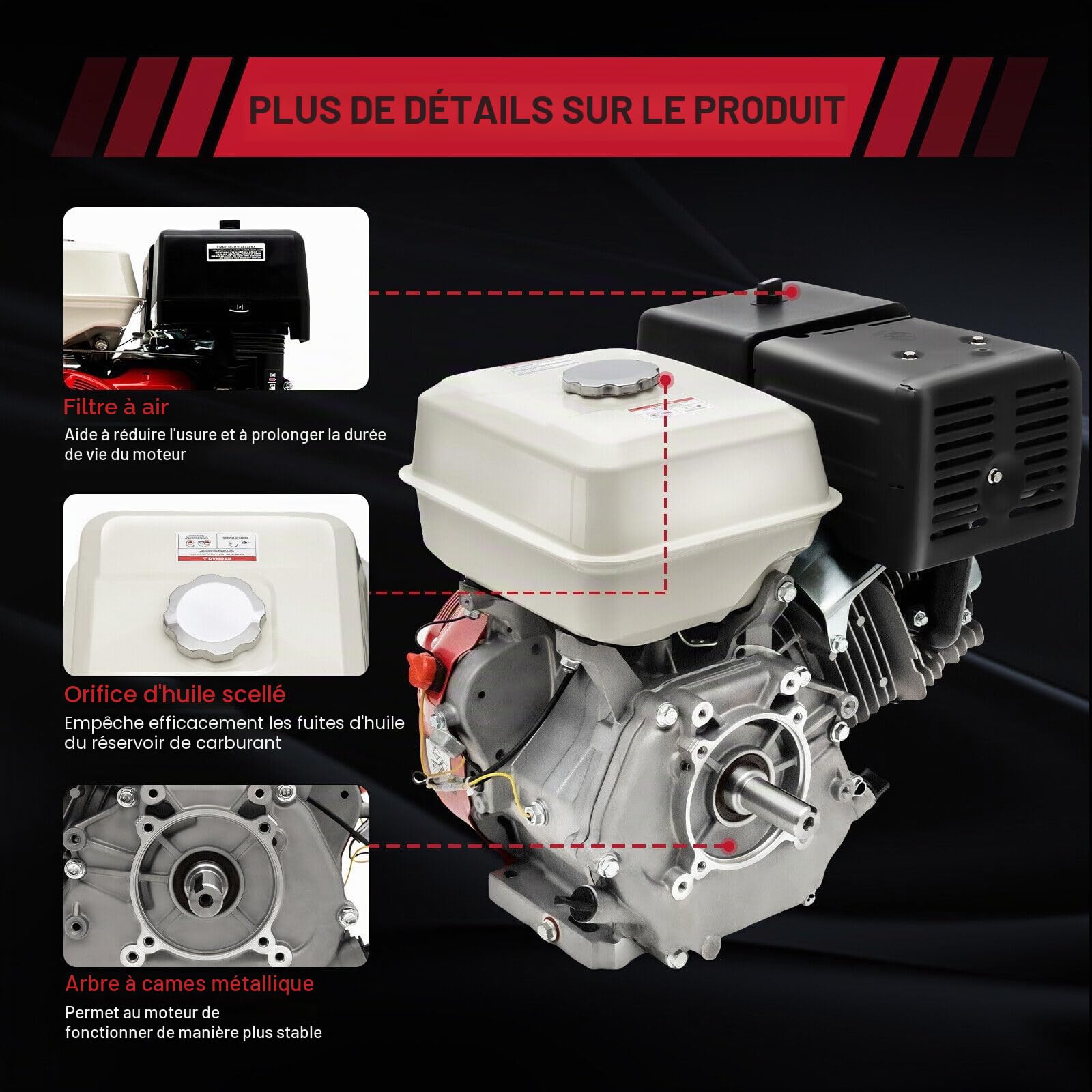 Moteur à essence 420 CC - 15 CV - 9 kW - 4 temps - Moteur industriel 1 cylindre - Refroidi par air - De qualité supérieure - Avec alarme d'huile (3600 tr/min, diamètre de l'arbre 25 mm) - Silencieux