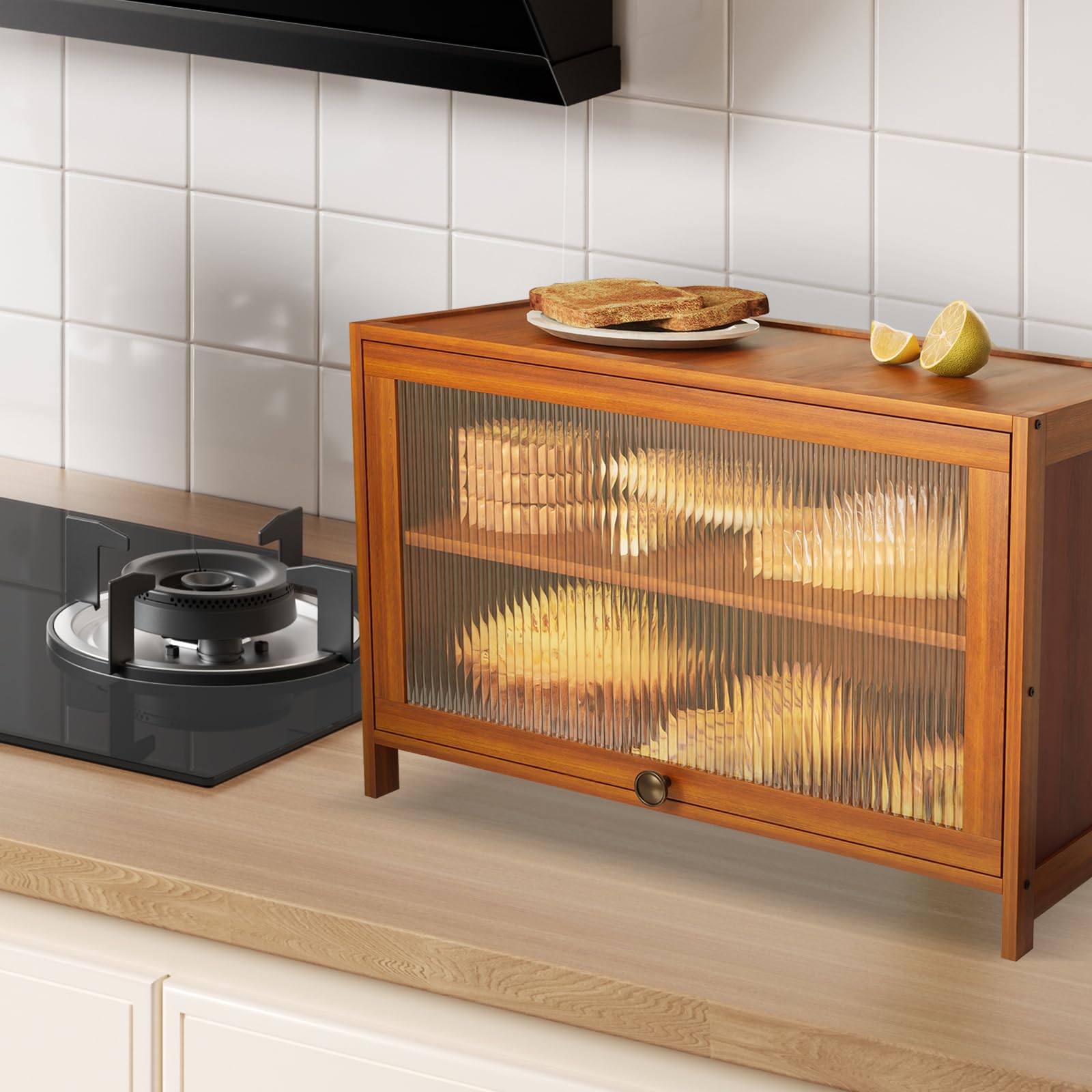 Panera de bambú, 2 niveles, 60 × 32 × 40 cm, caja de almacenamiento de pan con puerta de acrílico, para panes y panes