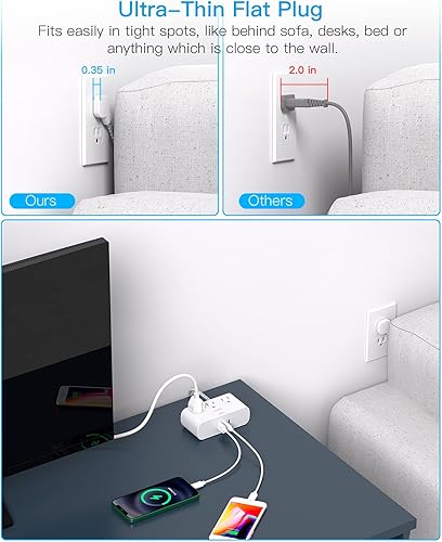 Miniatura 2 de Regleta de alimentación de enchufe plano cable de extensión plano ultrafino de 6 pies 3 tomas de corriente 3 puertos USB 2 USB C estación de carga