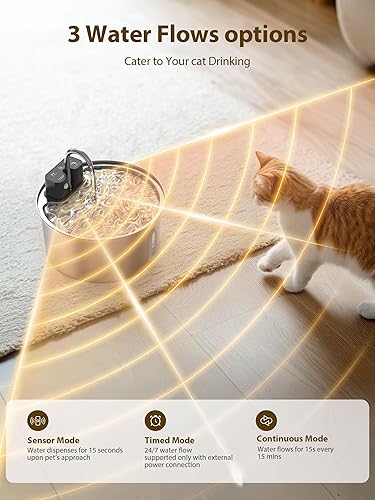 Miniatura 2 de Fuente de agua inalámbrica para gatos, fuente de agua automática para gatos de 108 oz3.2 L, sin cable, de acero inoxidable, funciona con pilas,