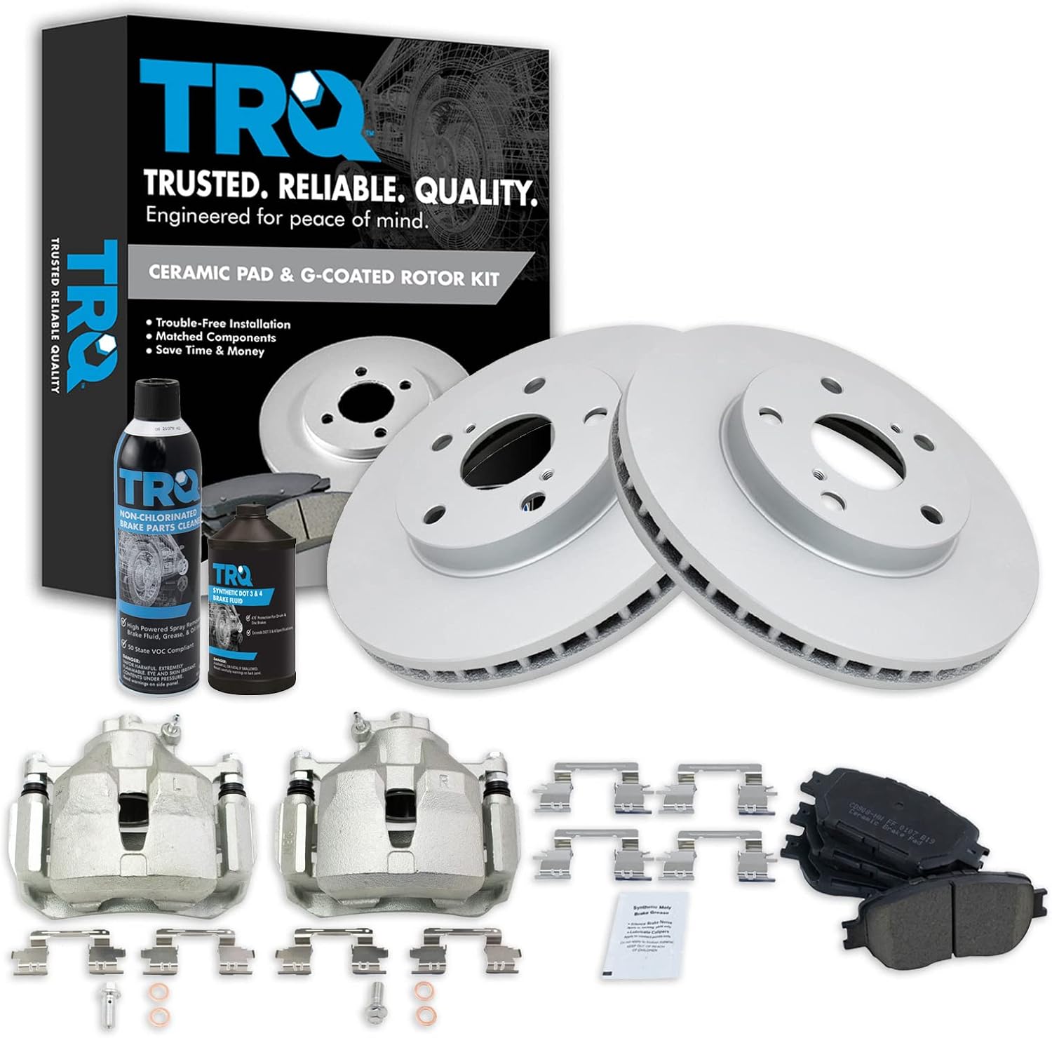 TRQ Front Brake Pad & Rotor Kit Brake Caliper Brake Chemical Kit Brake Pads Brake Rotor Ceramic Premium G-Coated Compatible with 2002-2006 Toyota Camry