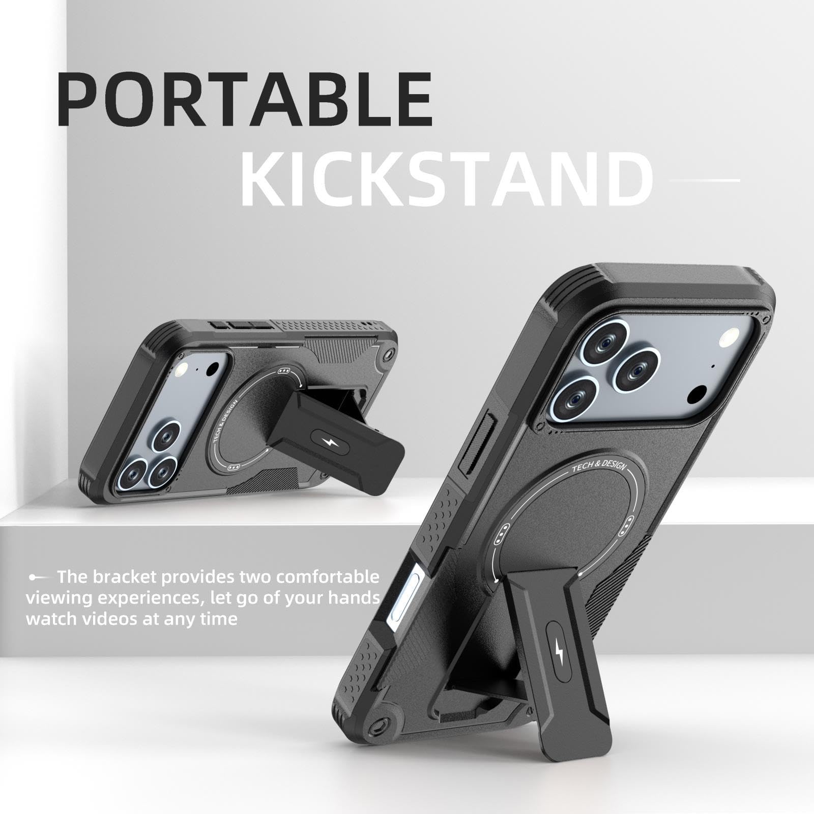 Magnetisch Hülle für iPhone 17 Pro Max/17 Pro/17 Air/17, Dünne Gefrostet rutschfeste Schutzhülle mit Versteck Ständer Handyhülle,Schwarz,17 Pro