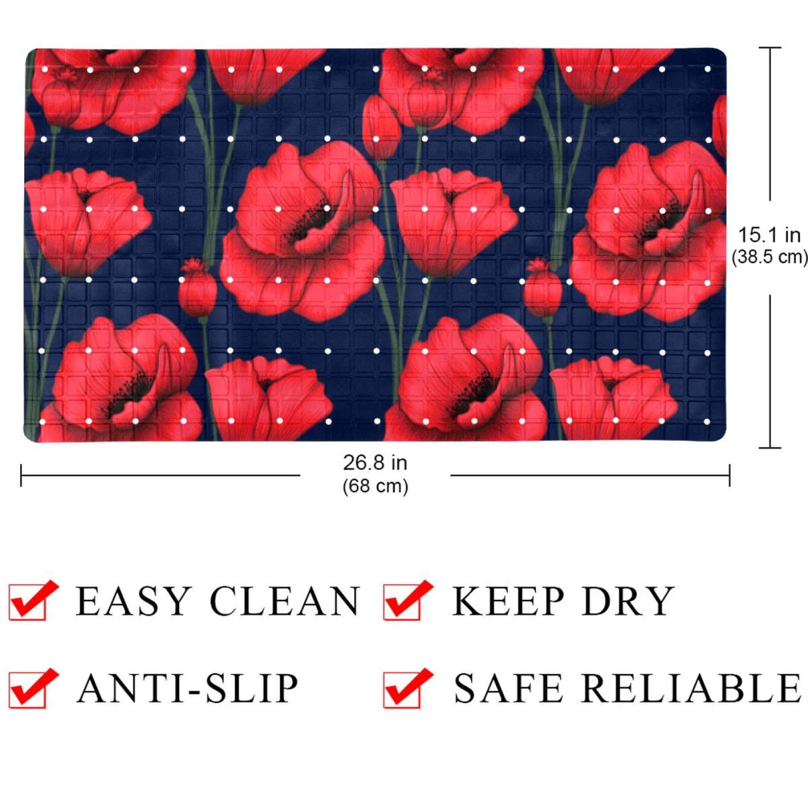 Rutschfeste Badematten für Badezimmer, Motiv: rote Mohnblumen, rechteckige Badewannenmatte, maschinenwaschbar, 39 x 70 cm