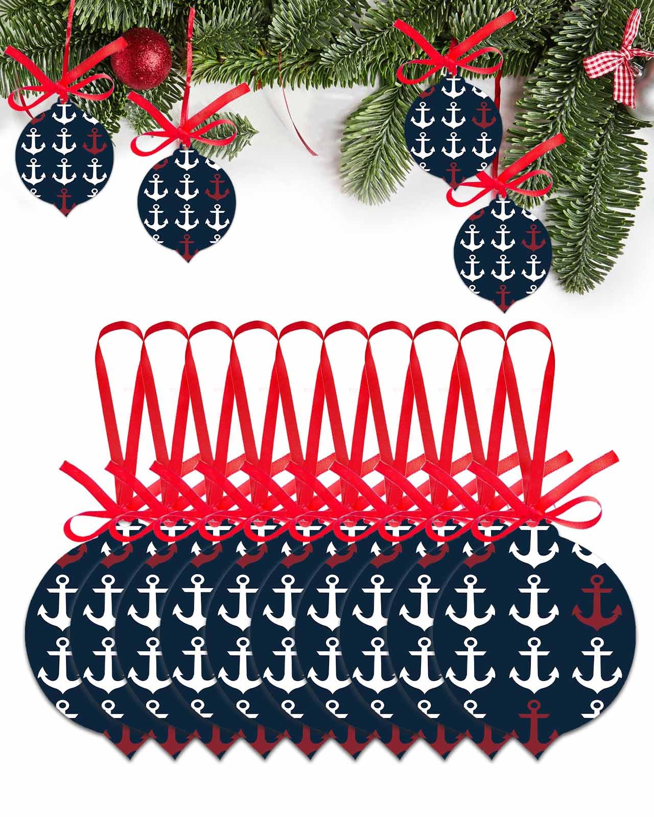 Acrylic Christmas Ornament Set of 10 Nautical Anchor White Red on Navy Blue 2024 Xmas Tree Tag Decorations, Classic Theme Ornaments with Ribbon for