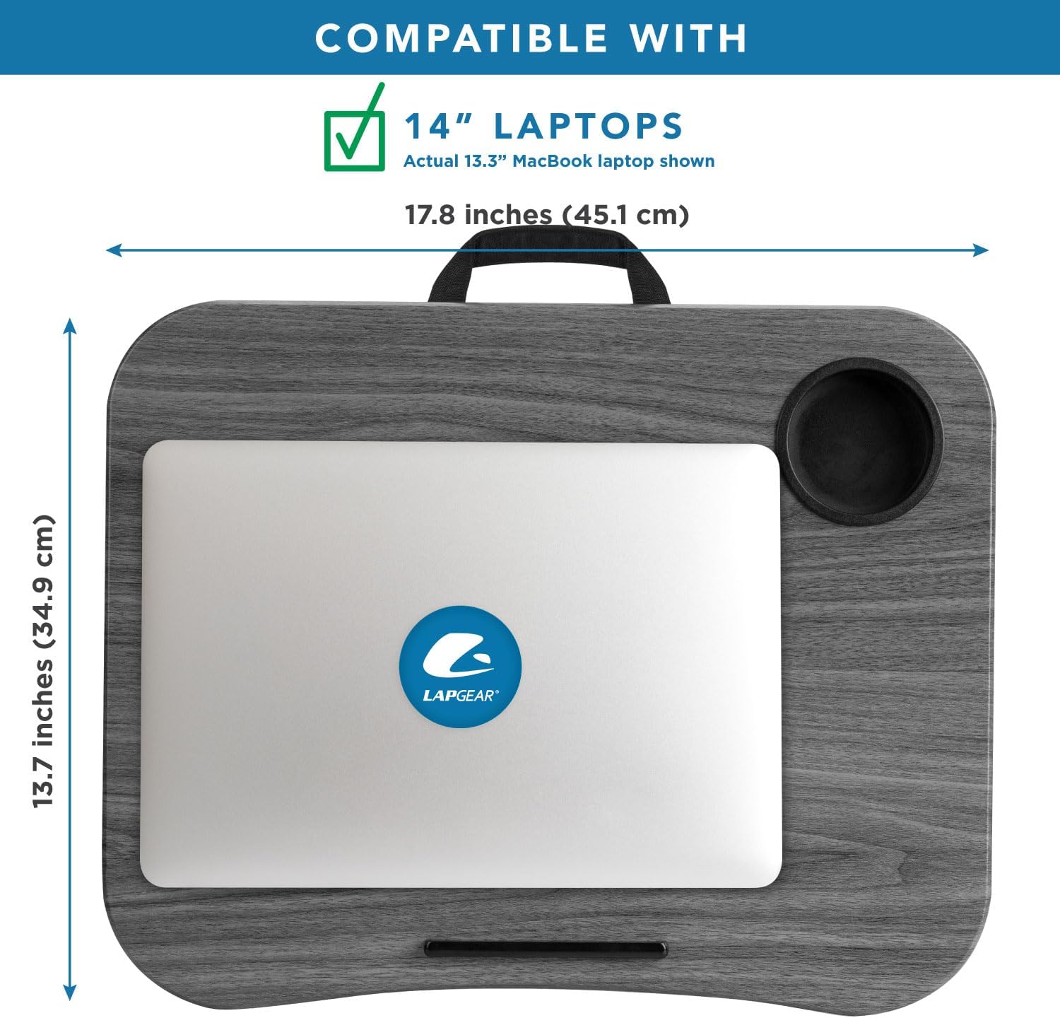 LAPGEAR Cup Holder Lap Desk with Device Ledge - Gray Woodgrain - Fits up to 14 Inch Laptops - Style No. 46325