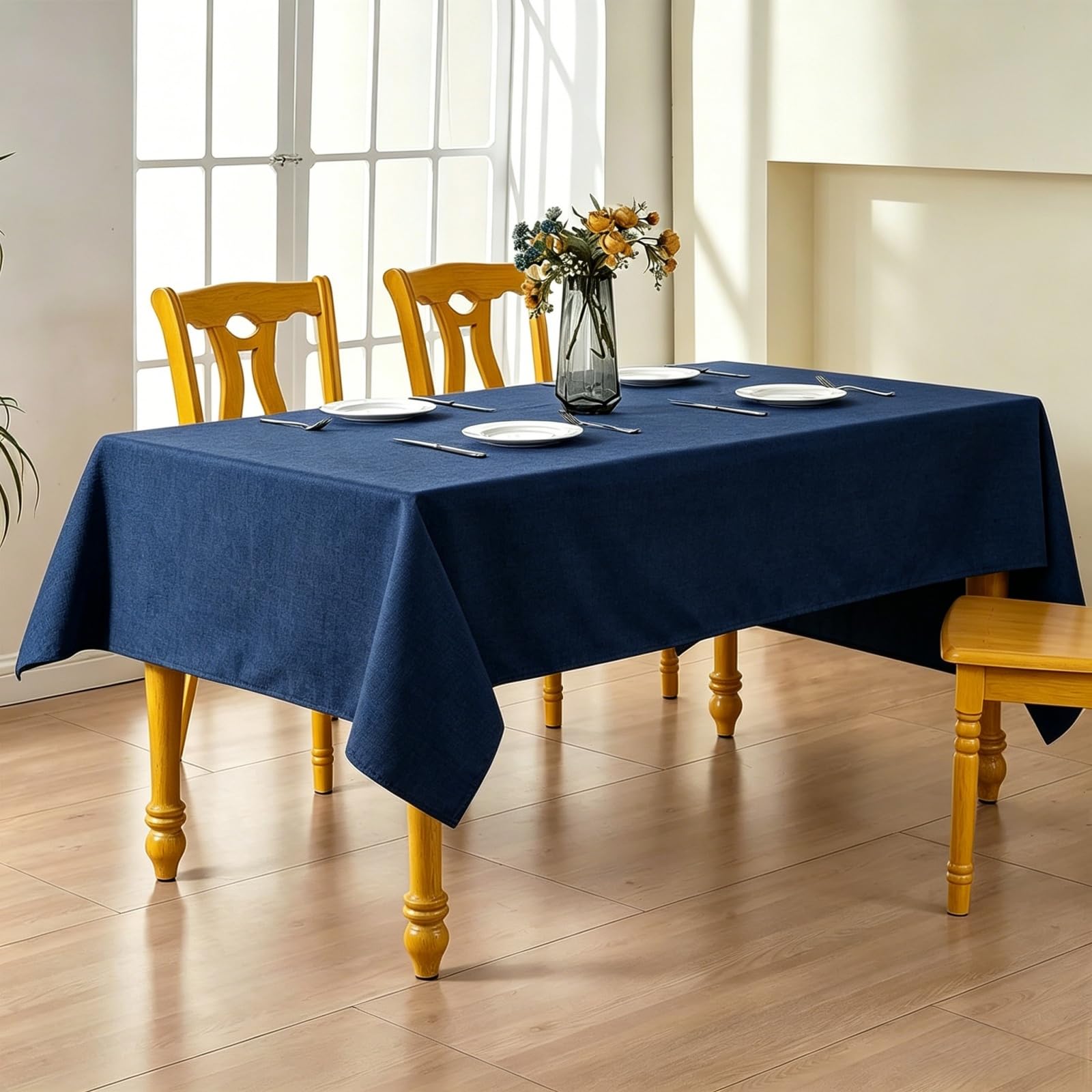 LIHUANE Table Cloth Wipe Clean 135 x 190 cm Faux Linen Solid Colour Fabric Tablecloth Wipe Clean Washable Polyester for Weddings, Buffets, Catering, Outdoor & Theme Events, Navy blue