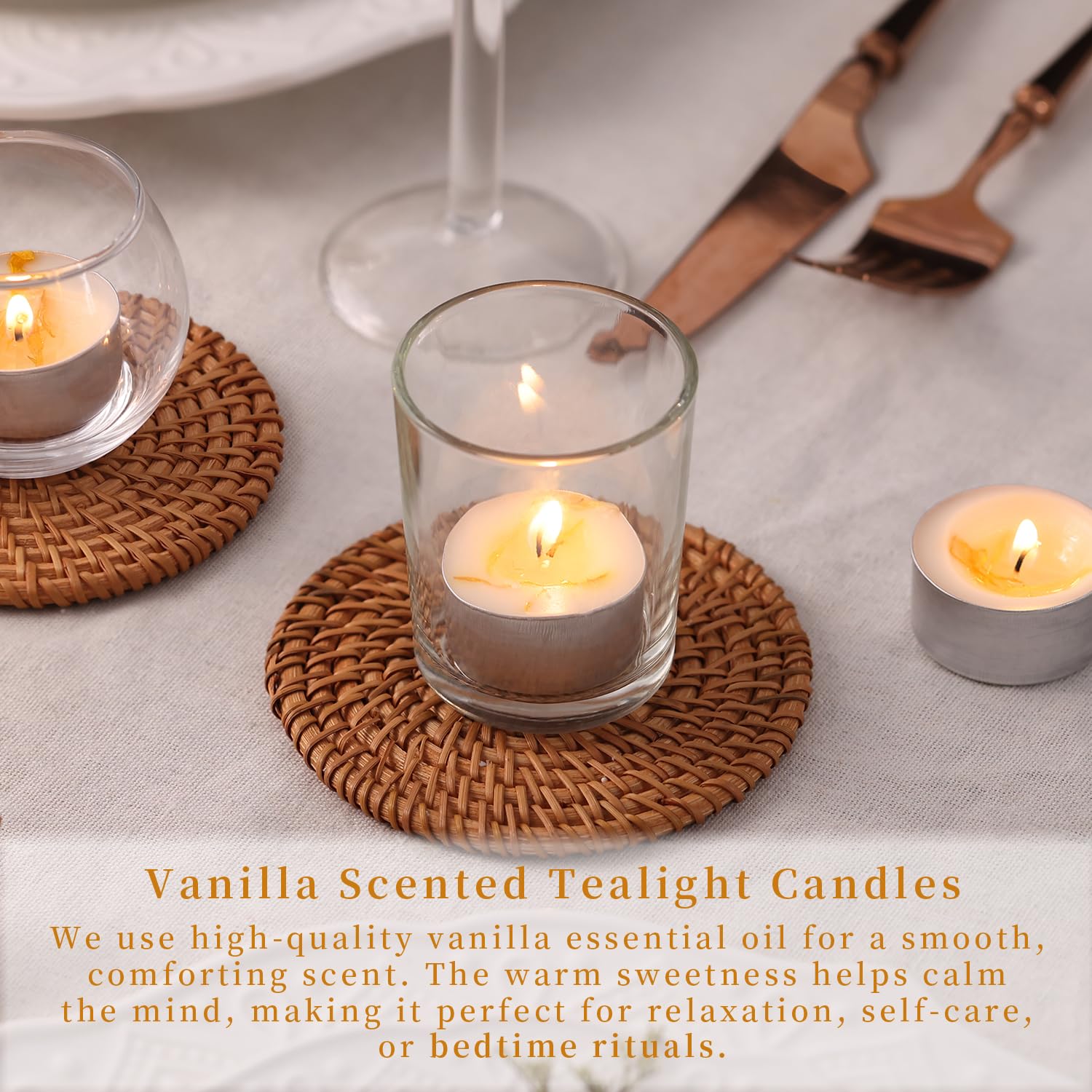 48 Pcs Vanilla Scented Tealight Candles, 6H Long Burning - 100% Palm Wax Based Scented Tea Lights with Dried Flowers, Non-Toxic/Smokeless Tea Lights Candles Bulk for Spa, Bath, Wedding