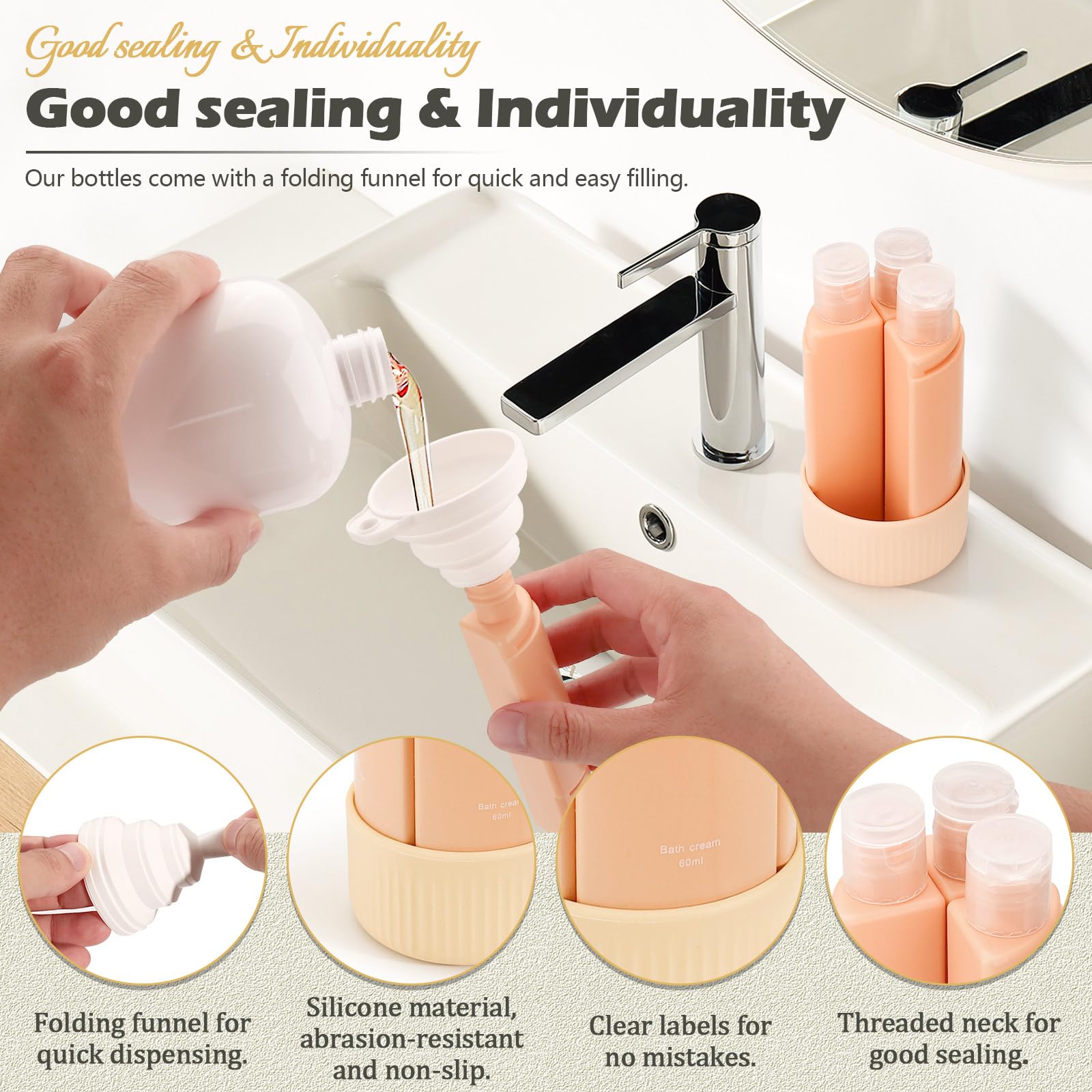 LELE LIFE 4 in 1 Travel Bottles for Toiletries 60ml Leak Proof Travel Size Containers Refillable Bottles for Shampoo Conditioner Lotion Soap with Funnel (Orange) - Image 4