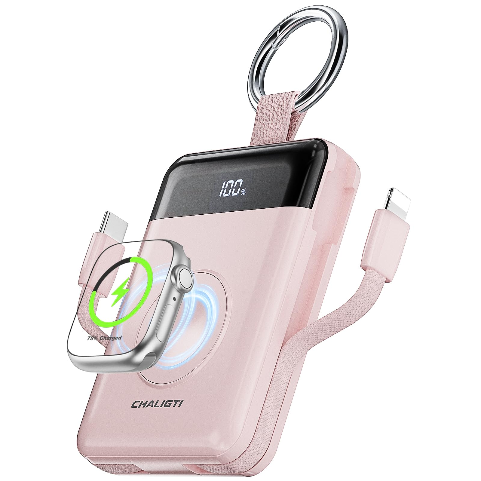 CHALIGTI Portable Charger 5000mAh PD 20W Super Fast Charging Power Bank with Built-in Cables Travel Keychain Battery Pack