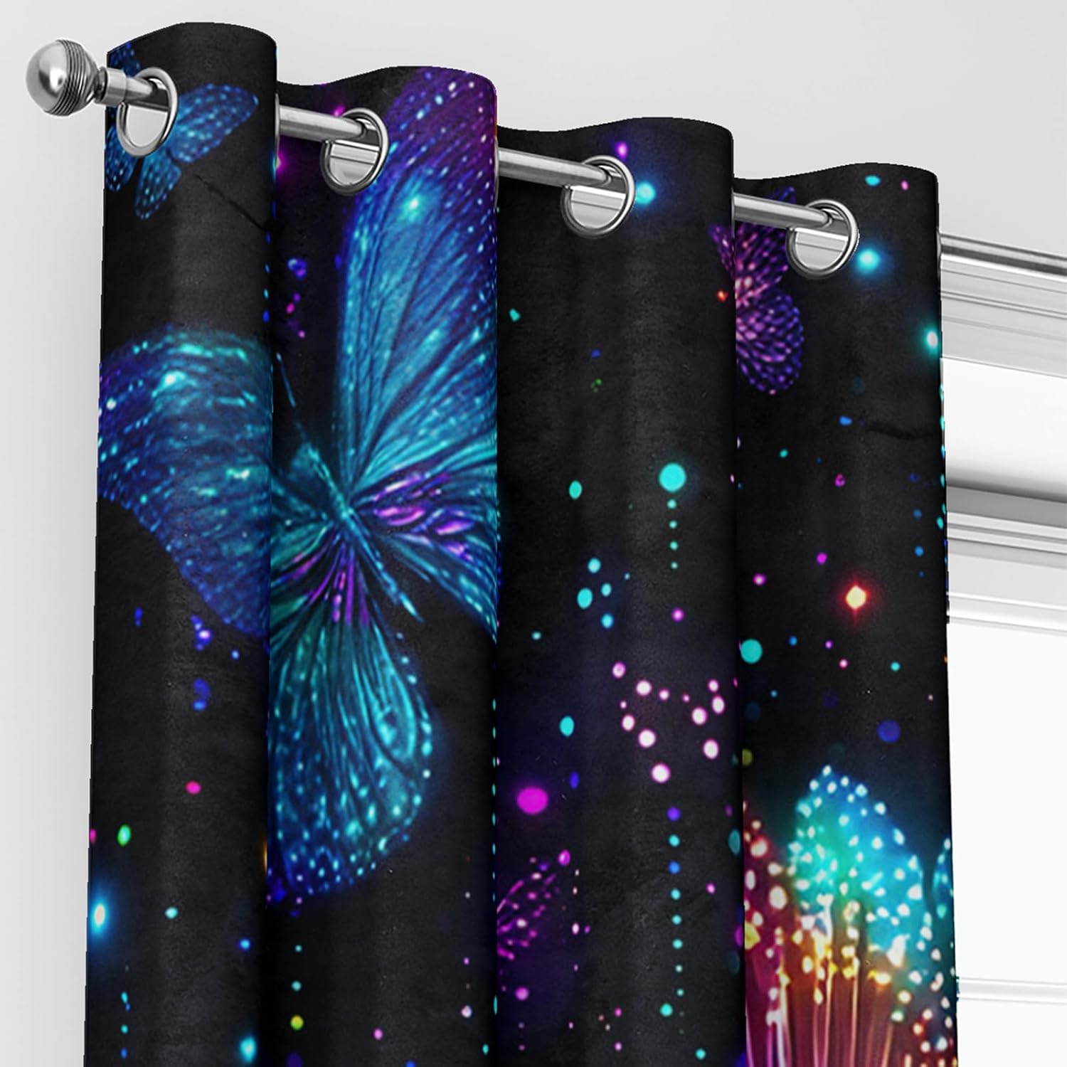AILONEN Colorful Glowing Butterflies Window Curtain,Boho Starry Sky Window Treatments Drapes for Bedroom Decor, 52" W x 63" H2 Panels
