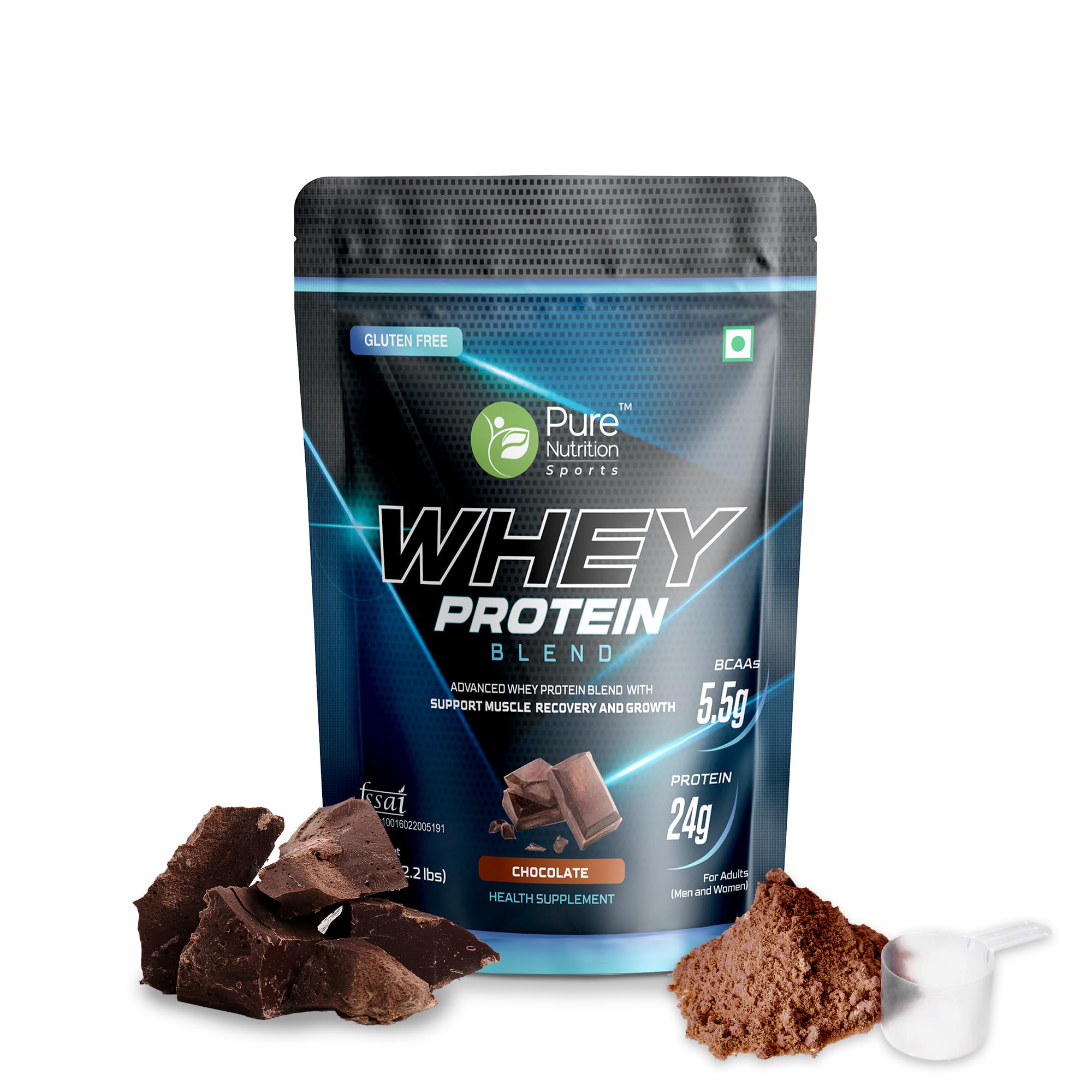 Pure Nutrition Whey Protein Blend (Isolate + Concentrate)1Kg, 30 Servings, 24g Protein, 5.5g BCAA per Serving | Supplement Powder for Men & Women for Muscle Recovery & Growth, Chocolate Flavour