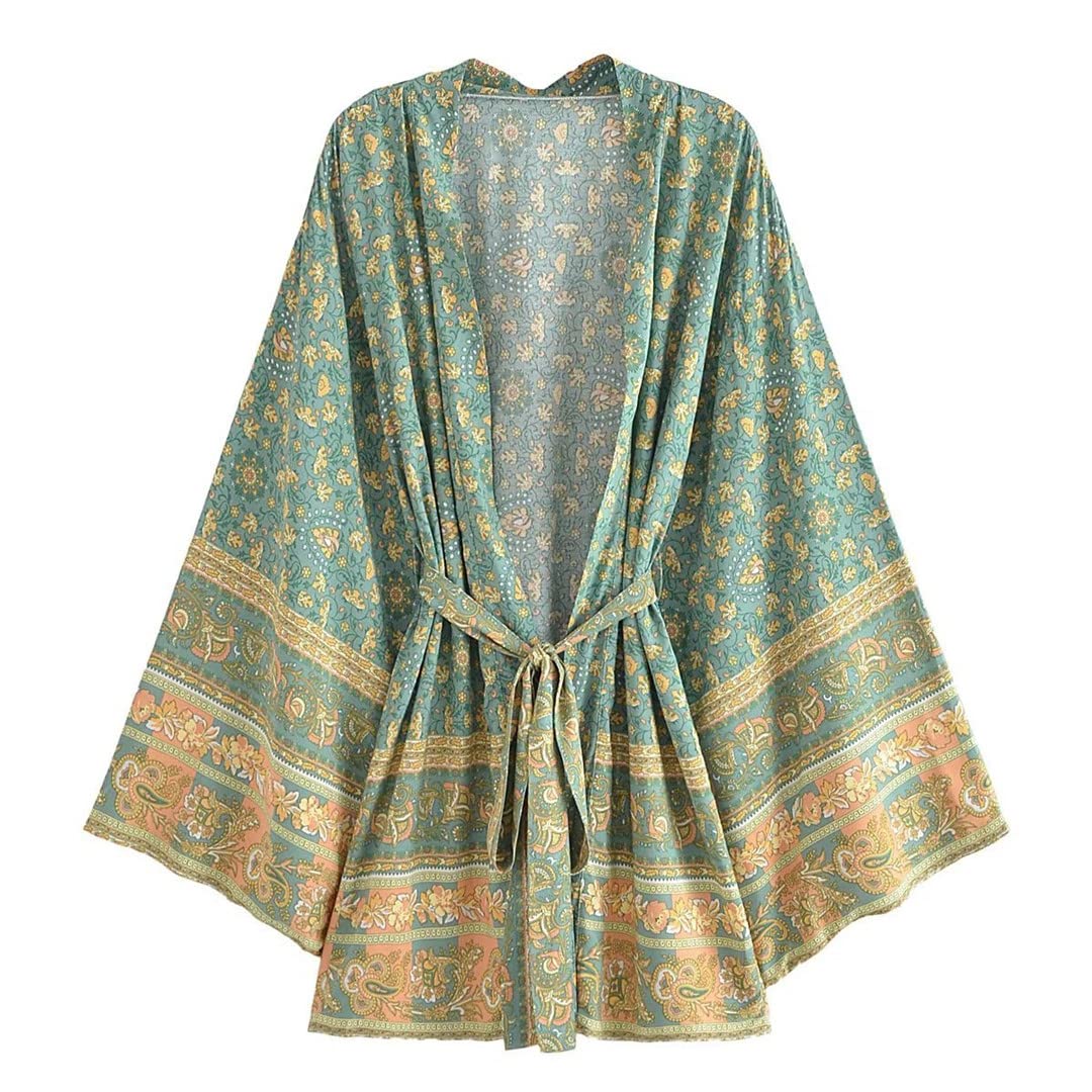 Dninmim Bata estilo kimono de algodón con estampado floral vintage para mujer, de manga larga, para verano, para la playa, estilo bohemio, Como se muestra en la imagen, M