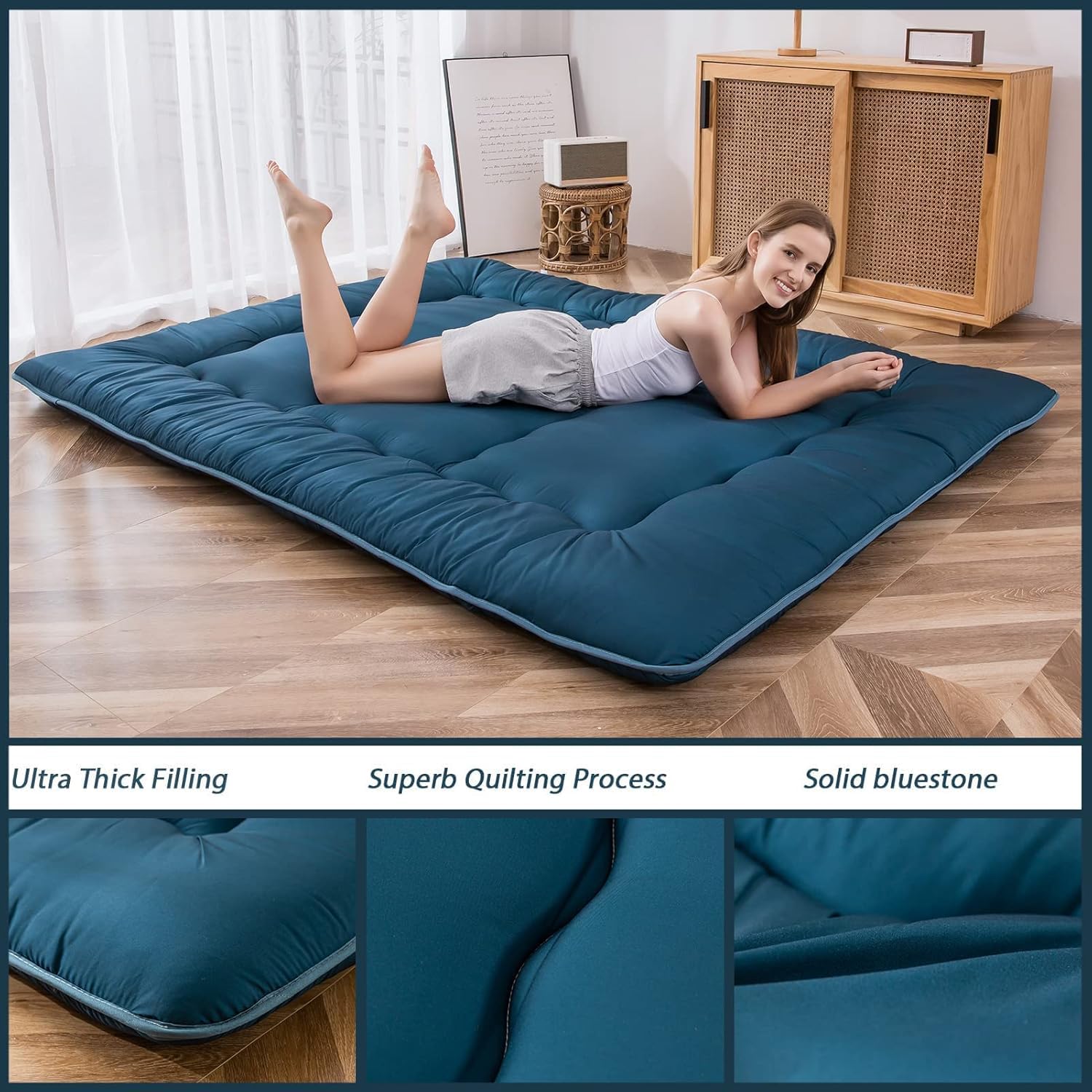 MAXYOYO Japanse vloermatras, futonmatras, dikkere tatami-mat, slaapkussen, opvouwbaar, oprolbaar matras, slaapzaal, matras, kussen, bed (groen, eenpersoons