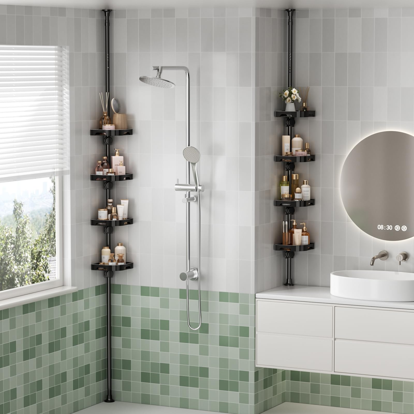 Organizador de barra de tensión de 4 niveles para ducha, ajustable, resistente al óxido, estantes de plástico con barandilla de seguridad, almacenamiento de baño para ducha y bañera (negro 3