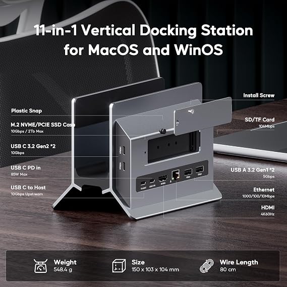 MacBook Pro Air Docking Station, Vertical USB C Laptop Docking Station with M.2 SSD Slot, HDMI 4K@60Hz, 4 USB A/C Max 10Gbps, Ethernet, SD/TF, PD Dock for MacBook/USB-C Win Laptops - Grey