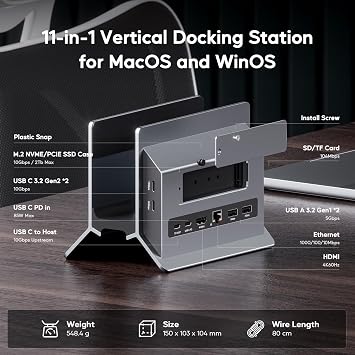 MacBook Pro Air Docking Station, Vertical USB C Laptop Docking Station with M.2 SSD Slot, HDMI 4K@60Hz, 4 USB A/C Max 10Gbps, Ethernet, SD/TF, PD Dock for MacBook/USB-C Win Laptops - Grey