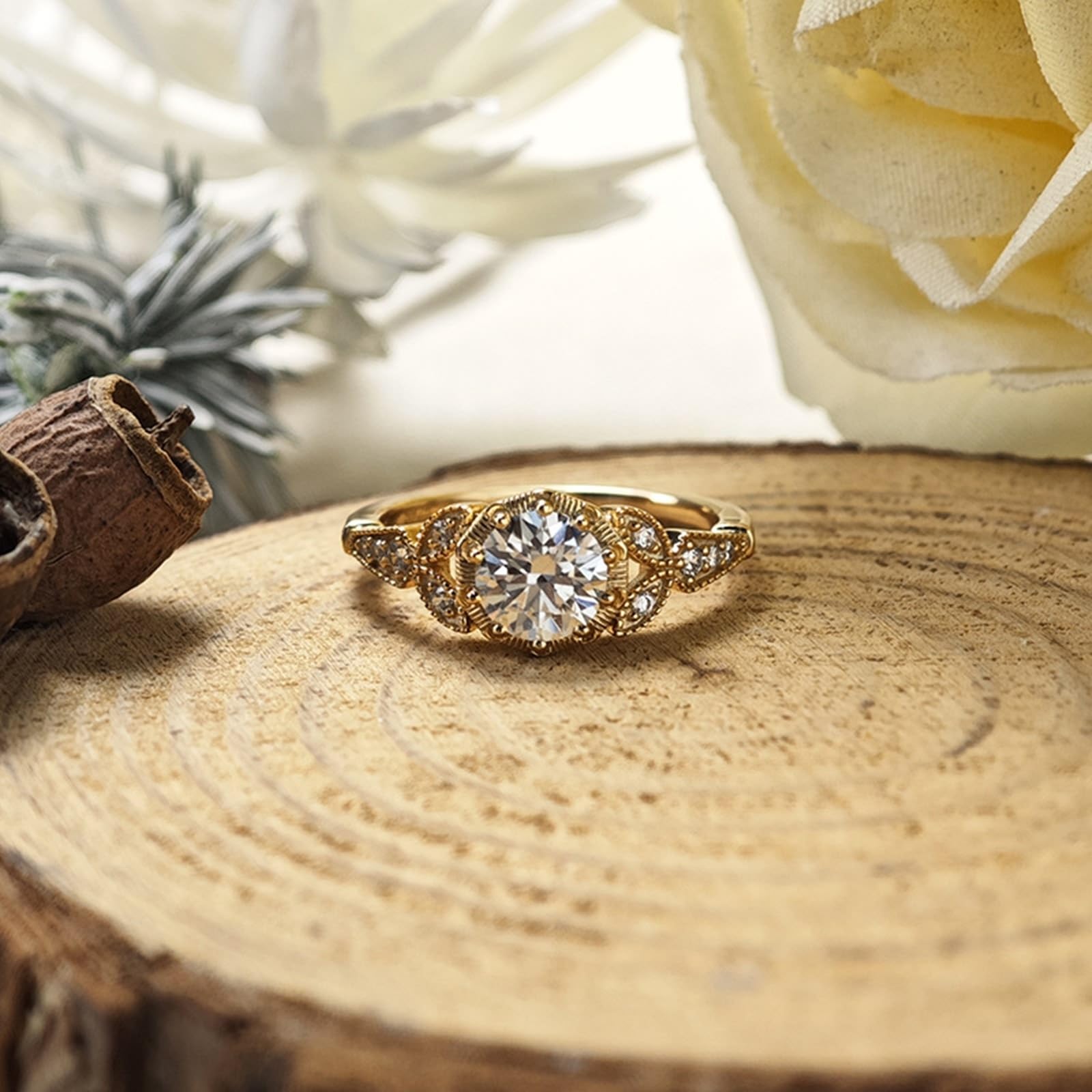 Alianzas de boda auténticas Au 375/585/750 oro amarillo con moissanita, forma de hoja vintage