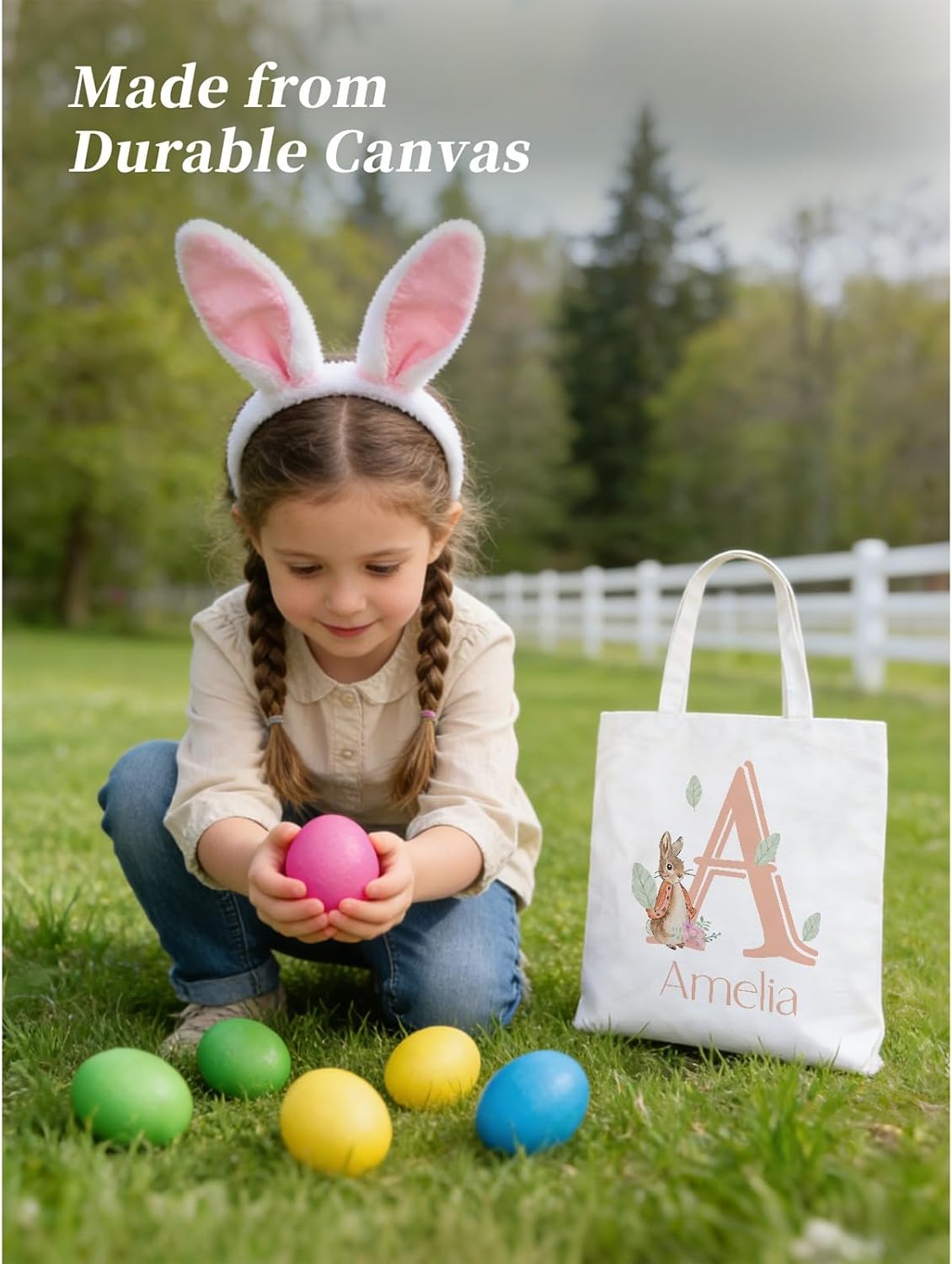 Custom Easter Canvas Tote Bags, Bunny Treat Easter Egg Hunt Bag with Personalized Name for Girls Boys - Image 2