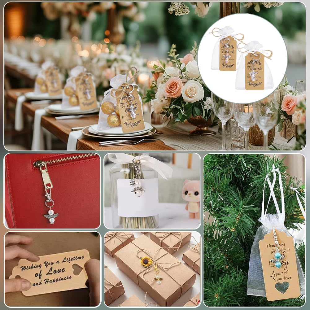PH PandaHall 40 Set Portachiavi Angelo Bomboniere Ciondoli Angelo Rosa e Bianco con Etichette Sacchetto di Organza con Coulisse Regali per Matrimonio Compleanno Battesimo Souvenir Natale