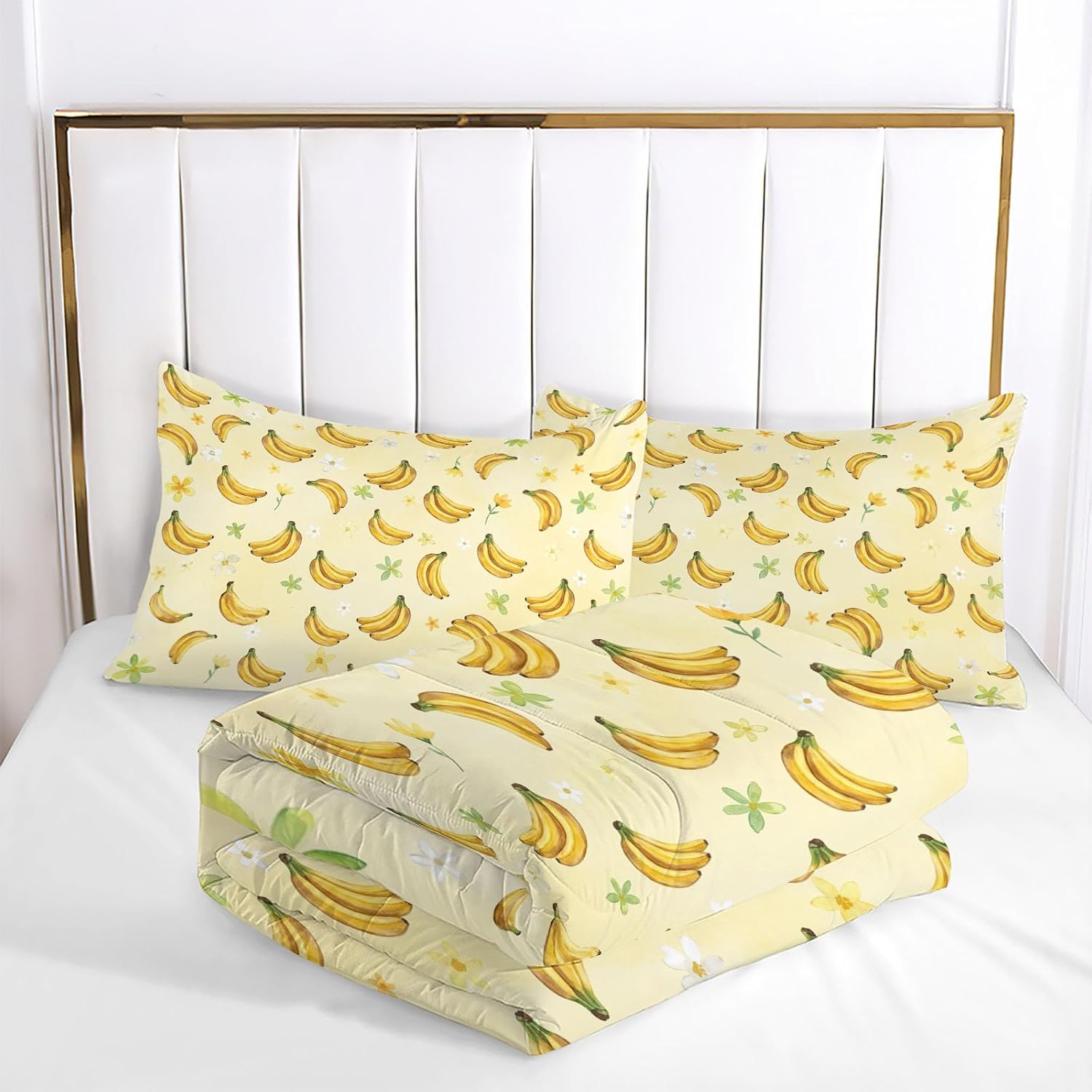Cute Fruits Comforter Set Full Size, Cartoon Banana Print Breathable Bedding Set for Girls Boys Teens, Lemon Yellow Quilt Duvet with 2 Pillow Cases