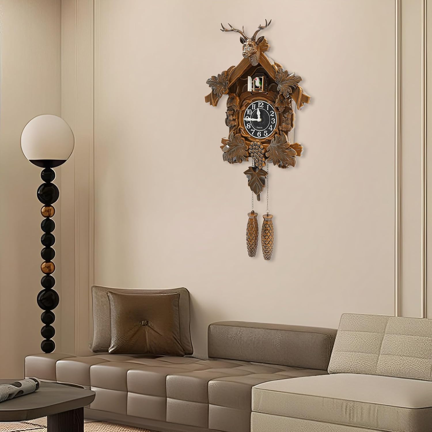 Retro Large Wall Clock, Deer Head Home Decoration Clock Vintage Grandfather Clock Report The Time from 6am-9pm, Manual KooKoo Coco Clocks for Wall with Bird Gifts for Family (Vintage Brown)