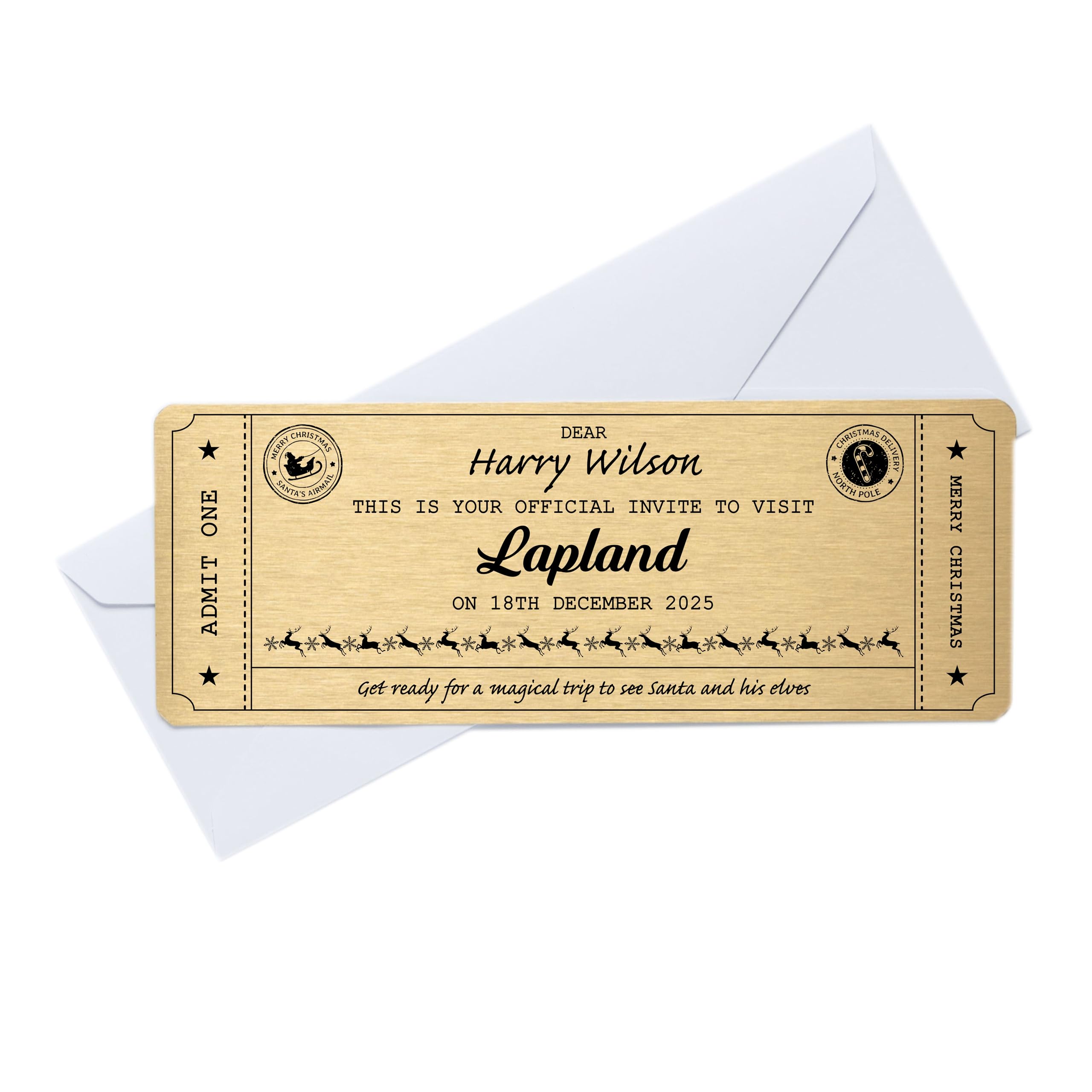 Personalised Metal Golden Ticket Gift | Lapland Trip Reveal Christmas Voucher or Keepsake Card | Custom Printed with Name and Date