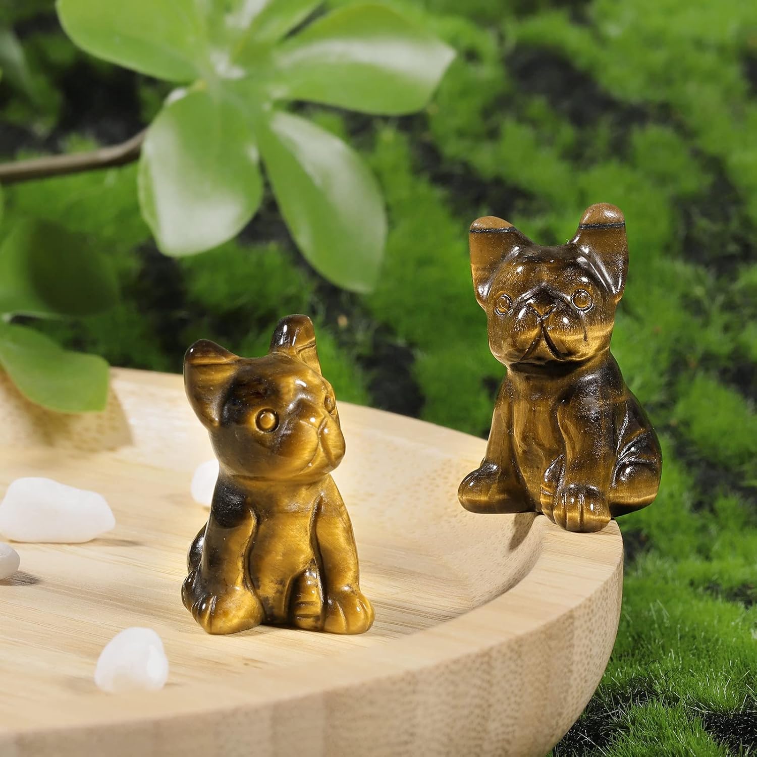 Nupuyai Pack of 2 Mini Rose Quartz Crystal Dog Statue Hand-Carved Pocket Stone Animal Sculpture Figurine Decor for Home Office Desktop, Tiger's Eye Stone