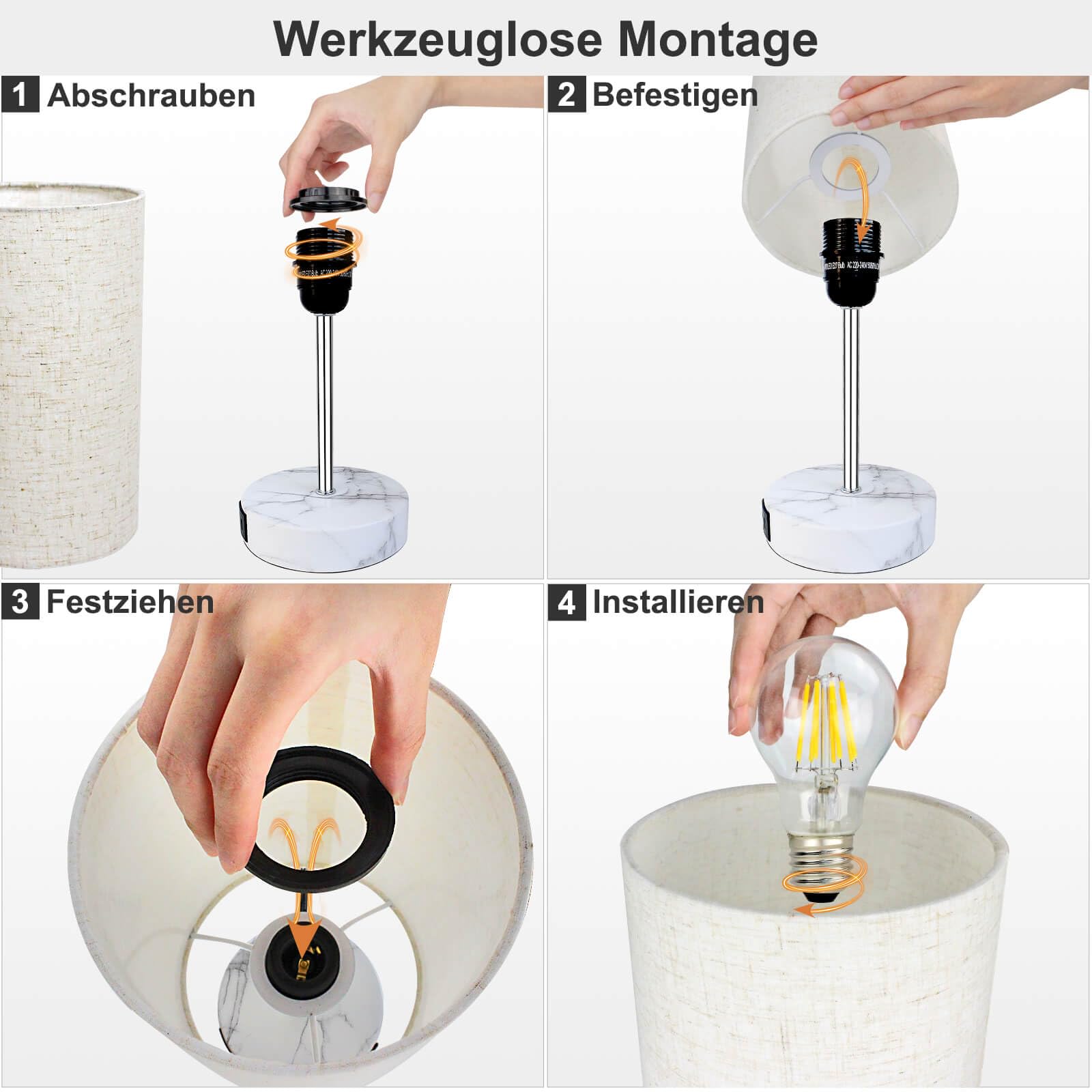 Nachttischlampen 2er Set Schlafzimmer, LED Tischleuchte Touch Dimmbar mit USB Ladefunktion, Modern E27 Tischlampe Beige mit Schirm inkl. 6W Warmweiß LED-Birne