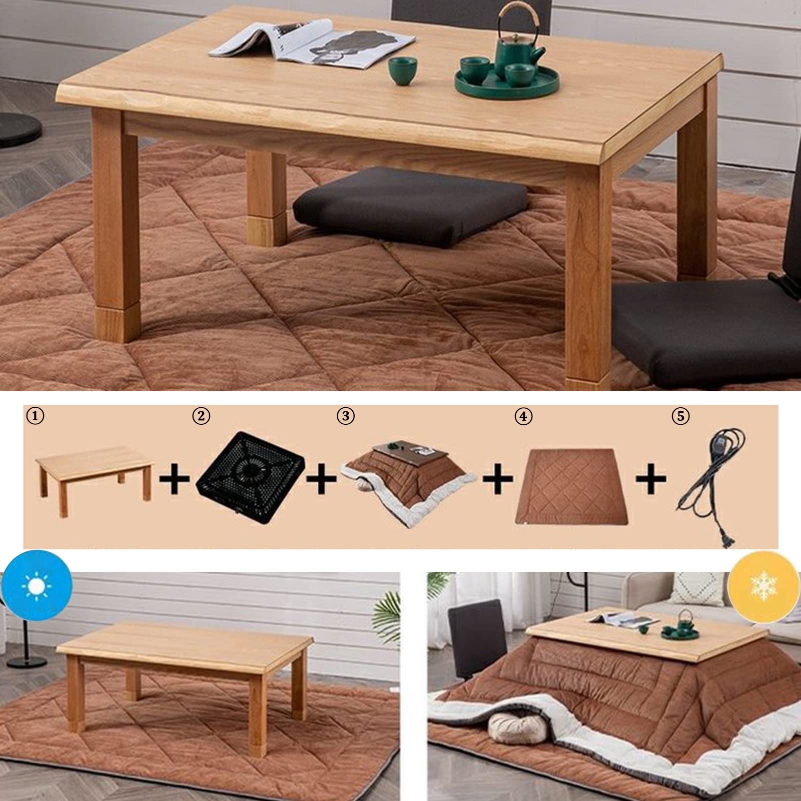 Stół grzewczy Stół z piecem Tatami Zestaw stołowy z ogrzewaniem Okno wykuszowe Stolik kawowo-herbaciany Stół grzewczy + kołdra + dywan + grzejnik，F-120x80x45cm