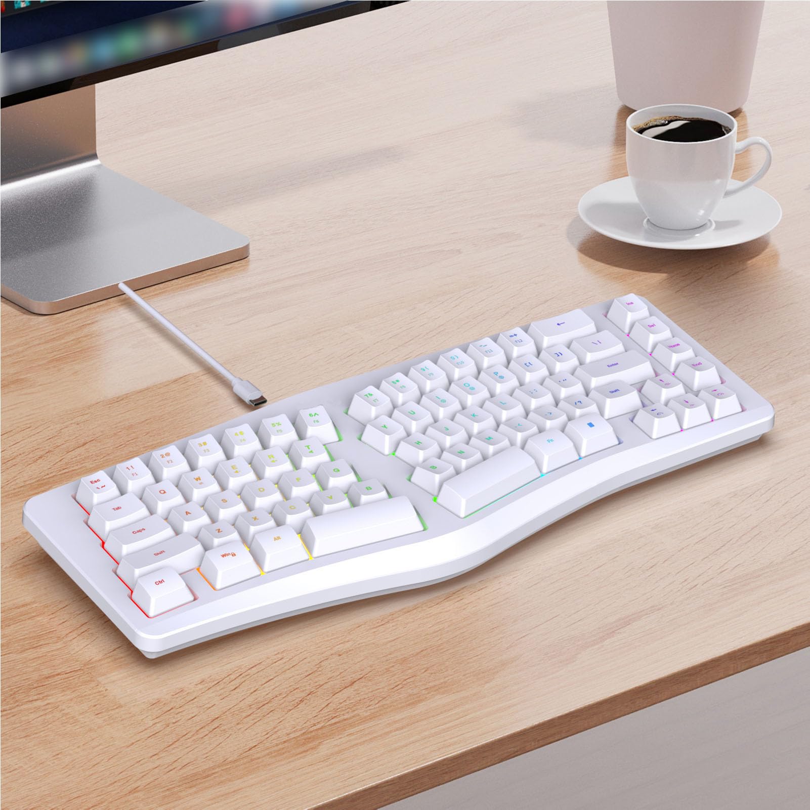 Annadue Tastiera ergonomica divisa a 69 tasti, 18 modalità RGB, USB C staccabile, tasti silenziosi, tastiera compatta cablata per/per Linux (ufficio/gioco/casa) (bianco)