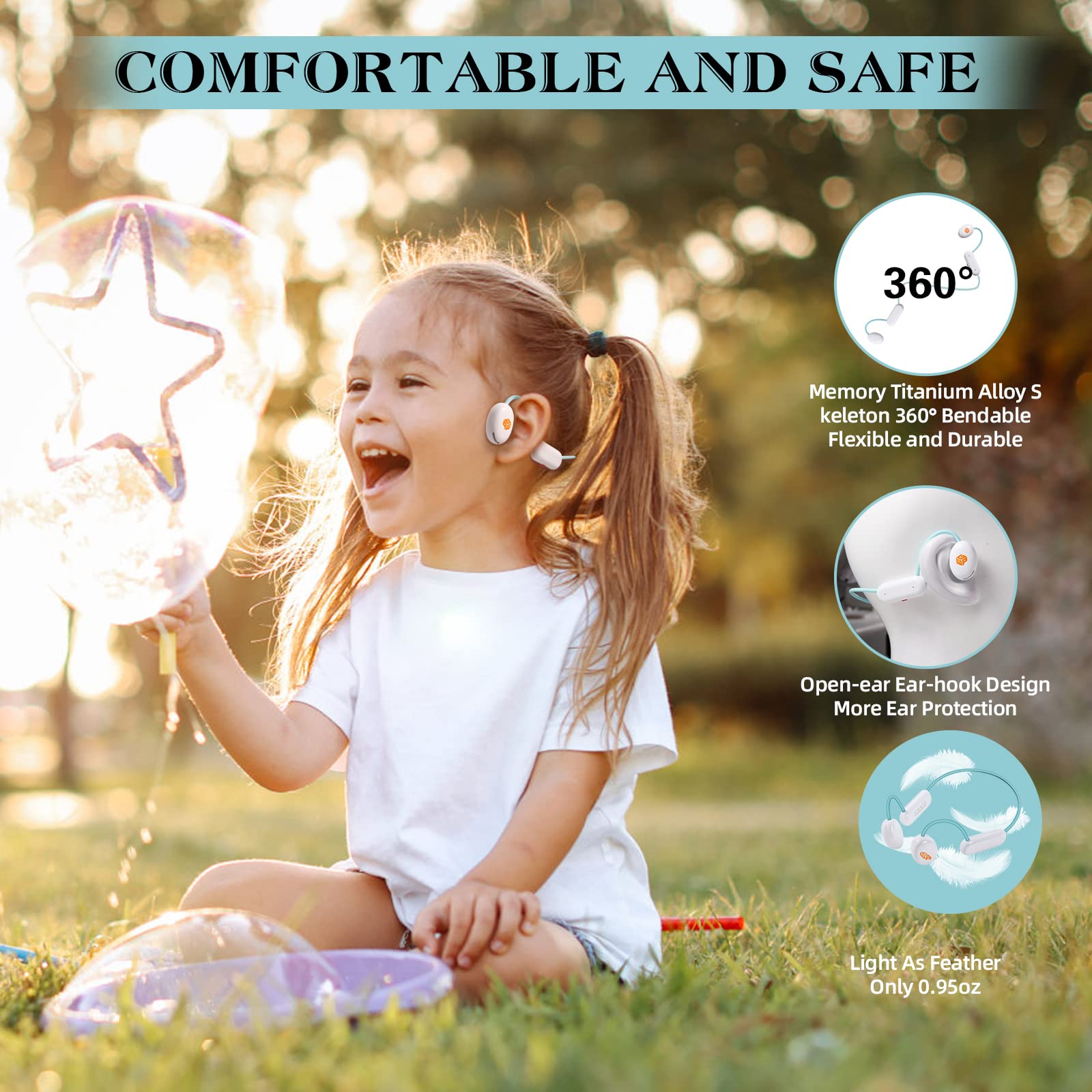 WGP Kids Headphones, Bluetooth 5.3 Wireless Air Conduction Open Ear Headphones with Microphone, IPX4 Waterproof, 12H Playtime Headset for iPad Tablet Home School (Blue)