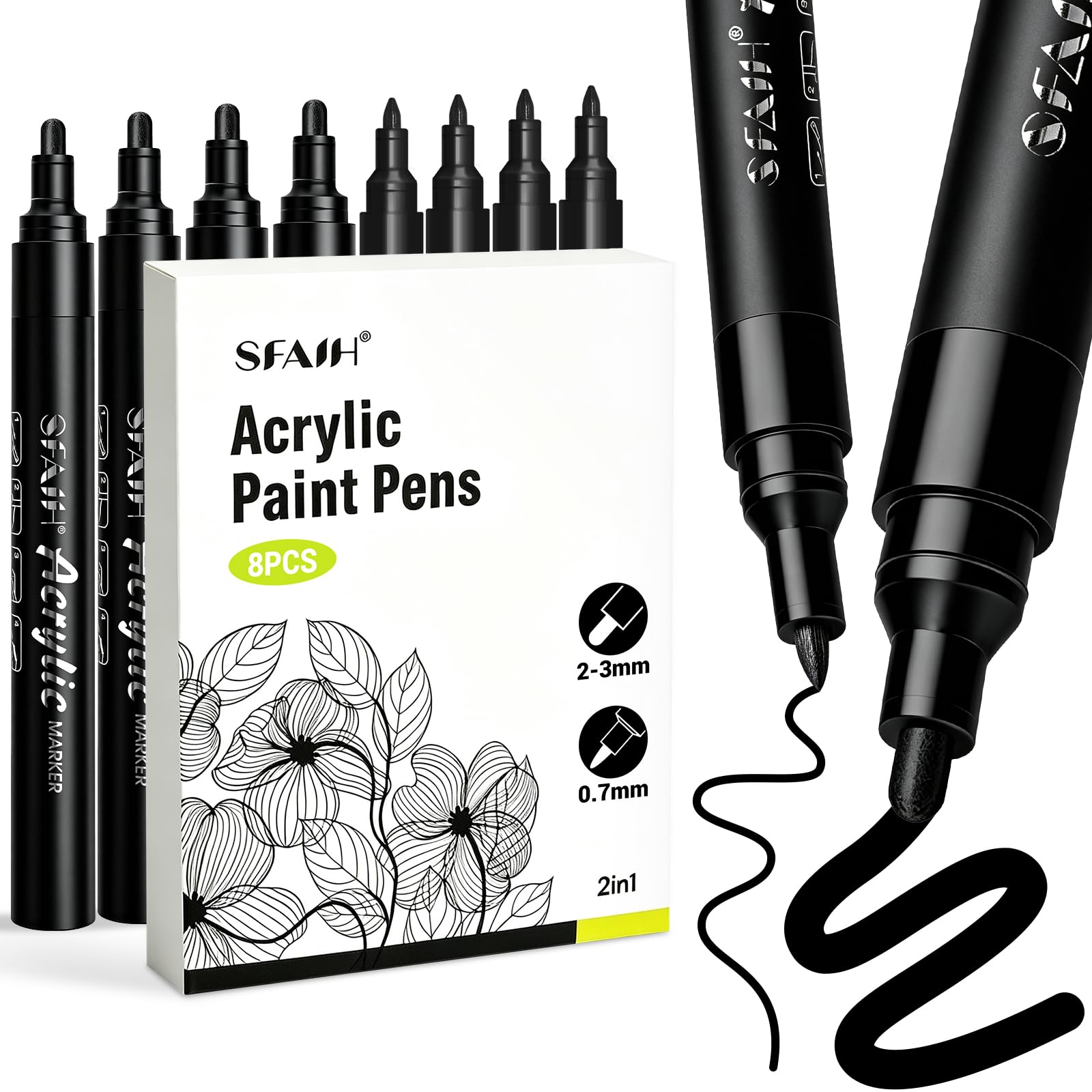 SFAIH 8 Pack Black Acrylic Paint Pens, Medium &amp; Extra Fine Tip Paint Marker
