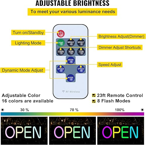 Miniatura 3 de VEVOR Letrero LED abierto, 20 x 7 pulgadas, letrero abierto de neón para negocios, brillo ajustable, luces de neón multicolor con control remoto y