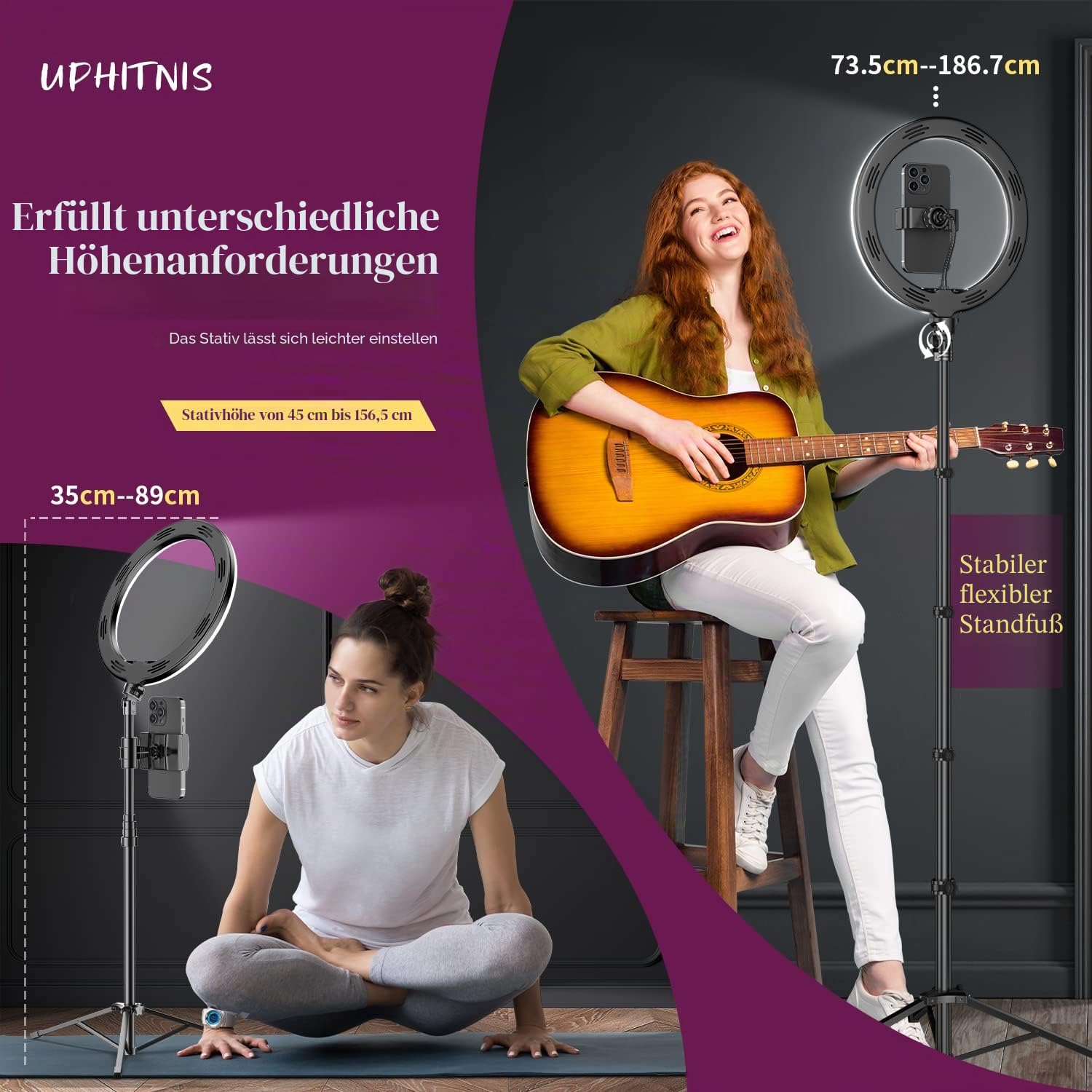 UPhitnis 12 Zoll Ringlicht mit Stativ Handy, Ringlicht mit 63 Zoll Stativ Selfie Ringleuchte mit 3 Farbe und 10 Helligkeitsstufen für Make-up,Live-Streaming,YouTube, Tiktok, Vlog und Fotografie