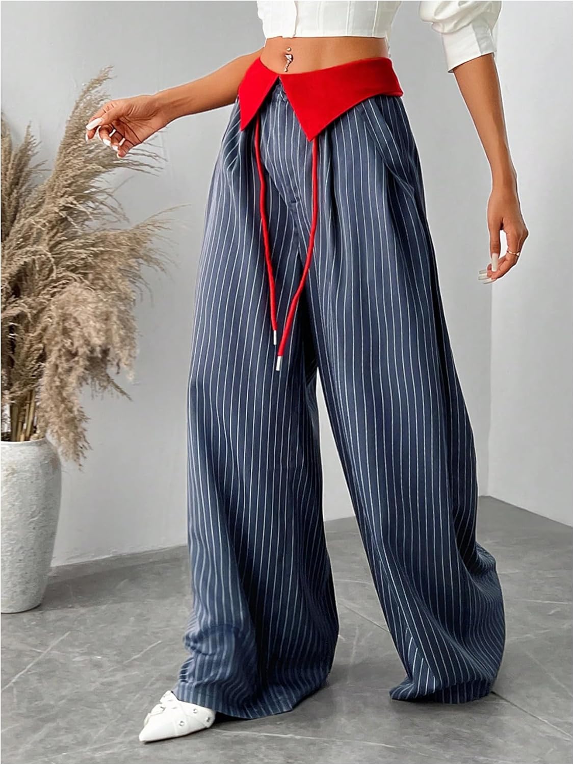 Floerns Women's Plus Size Striped Color Block Pants Wide Leg Baggy Trousers with Pockets - Image 2