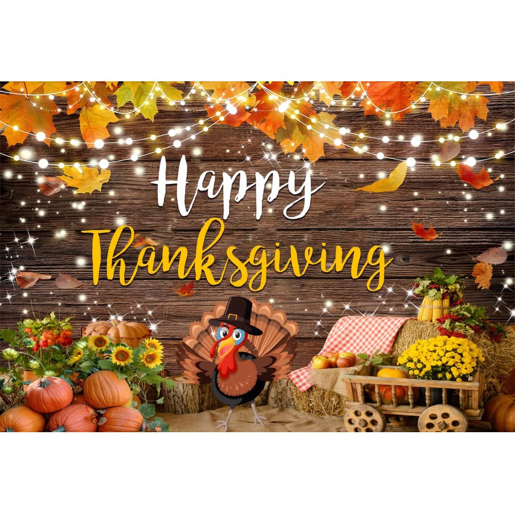 Leowefowa Thanksgiving Wooden Photography Backdrops 10x6.5ft Happy Thanksgiving Fall Autumn Harvest Pumpkin Turkey Decors Background for Friendsgiving