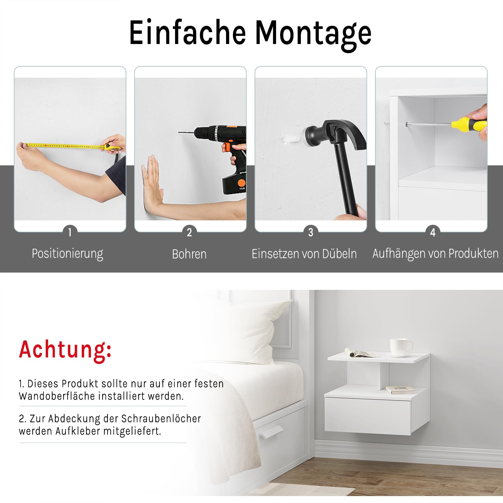 WOLTU 2er Set Nachttisch hängend, schwebender Nachtschrank mit Schublade, Wandregal Nachtkommode, offenem Fach, 40x31x35 cm, Nachtkonsole, Wandschrank, aus Holzwerkstoff, weiß, NTS03ws-2