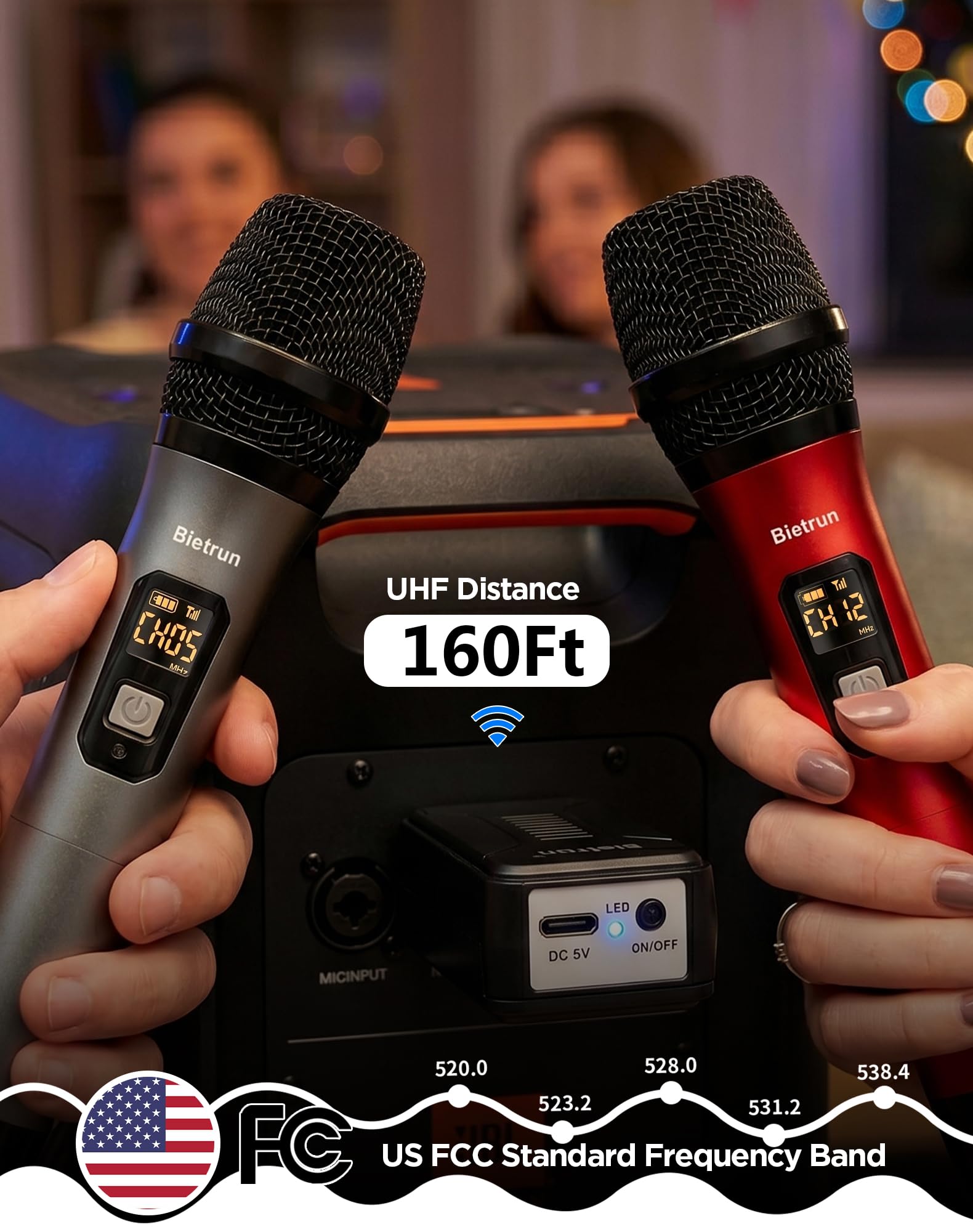 Wireless Microphone, UHF Wireless Dual Handheld Dynamic Mic System Set with Rechargeable Receiver, 260ft Range, 6.35mm(1/4'') Plug, for Karaoke, Voice Amplifier, PA System, Singing Machine, Church