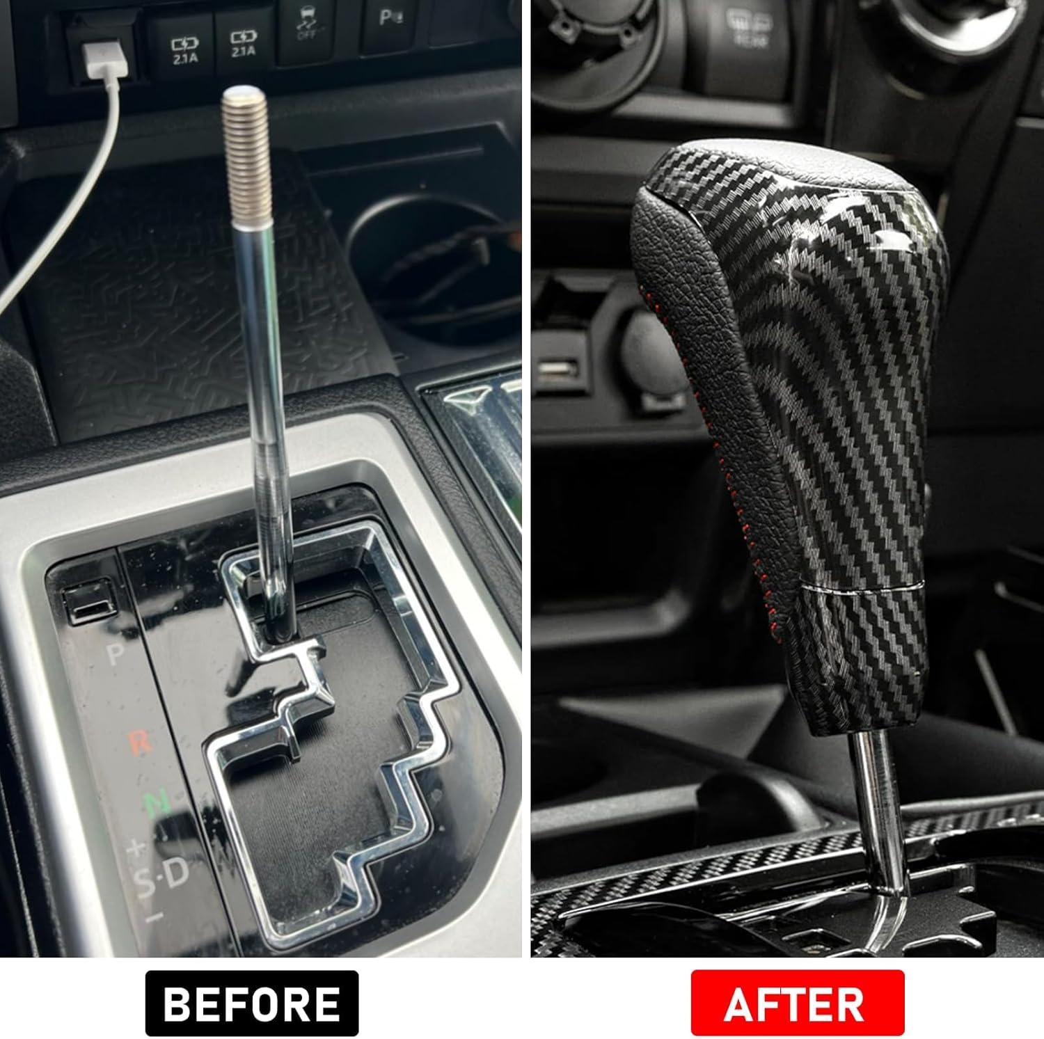 Automatic Gear Shift Konb Lever Compatible with Toyota 4Runner 2012-2023,Tundra TRD 2014-2021,Shifter Knob Replace for PTR57-34141,Carbon Fiber Pattern Plastic Leather W/Red Stitching,1PC