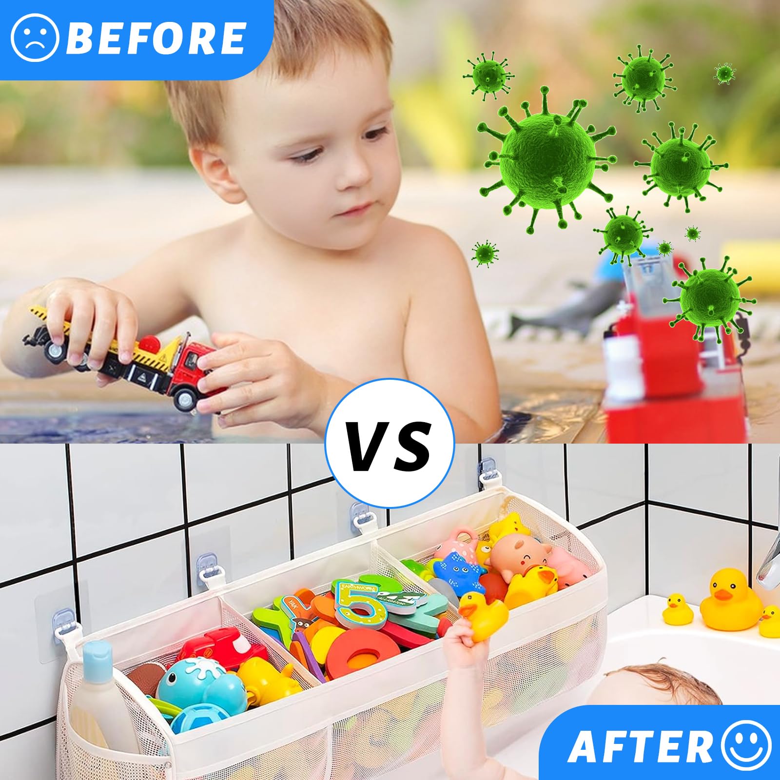 Organizador De Juguetes Para Bañera - 3 Compartimentos, Red Extra Grande, Con 4 Ganchos Autoadhesivos