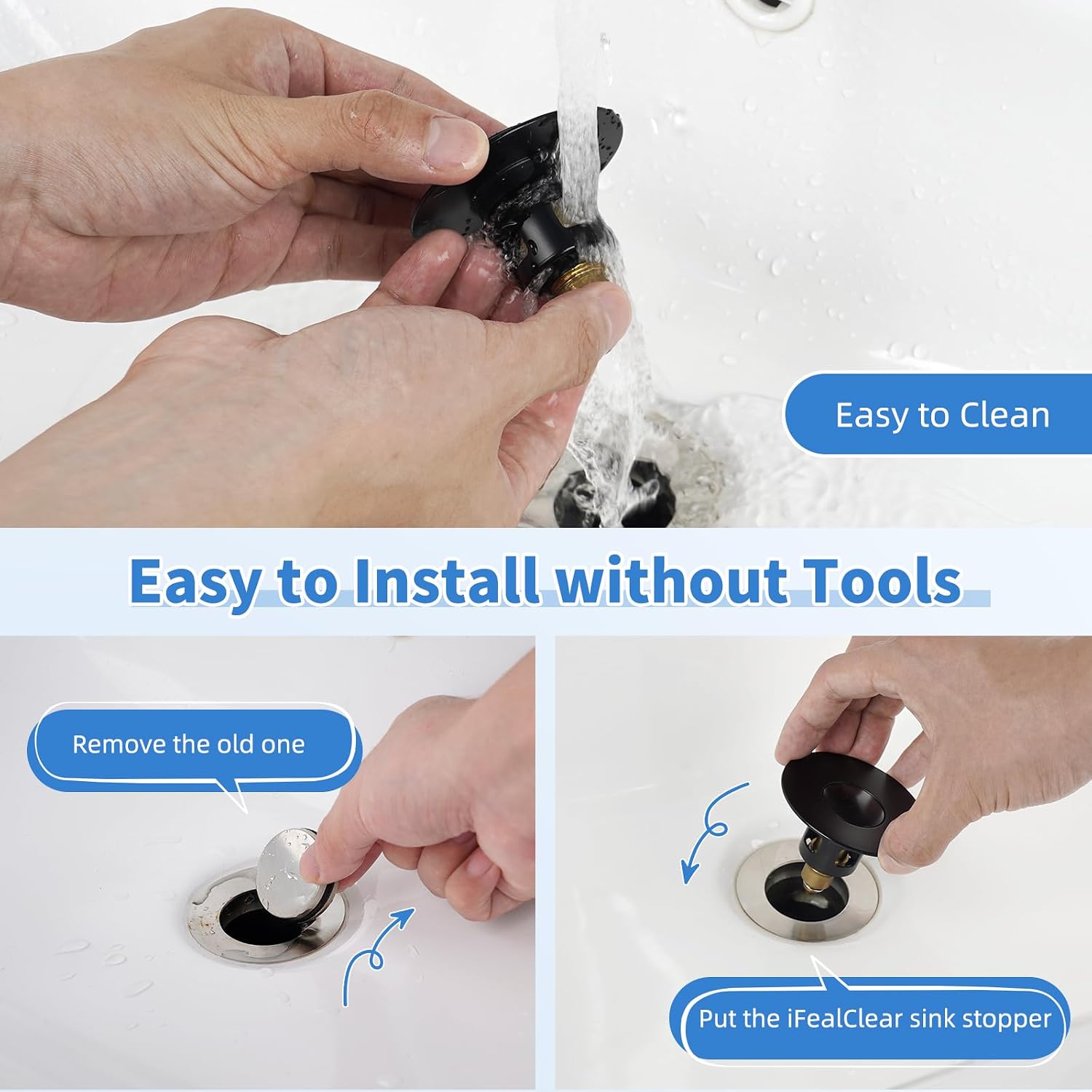 iFealClear 2 Pack Metal Universal Bathroom Sink Stopper, Upgraded Stainless Steel Sink Drain Strainer for 1.1''~2.36" Basin Pop Up Drain Strainer, Anti-Clogging Filter Basket, Matte Black