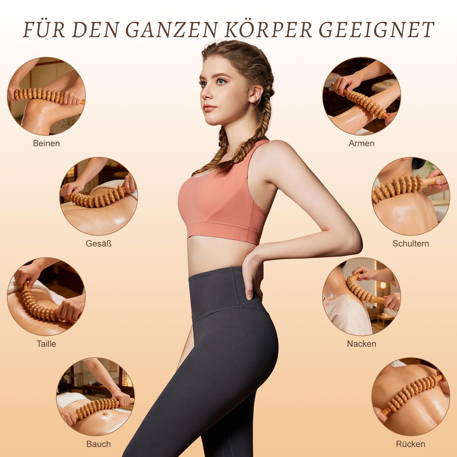 Faszienstab Holz aus Buchenholz für Muskelentspannung, Körperformung, Gua Sha Massage, Faszienrolle Holz Massagegerät Mit Griff, Anti Cellulite, Massageroller Beine, mit Baumwolltasche