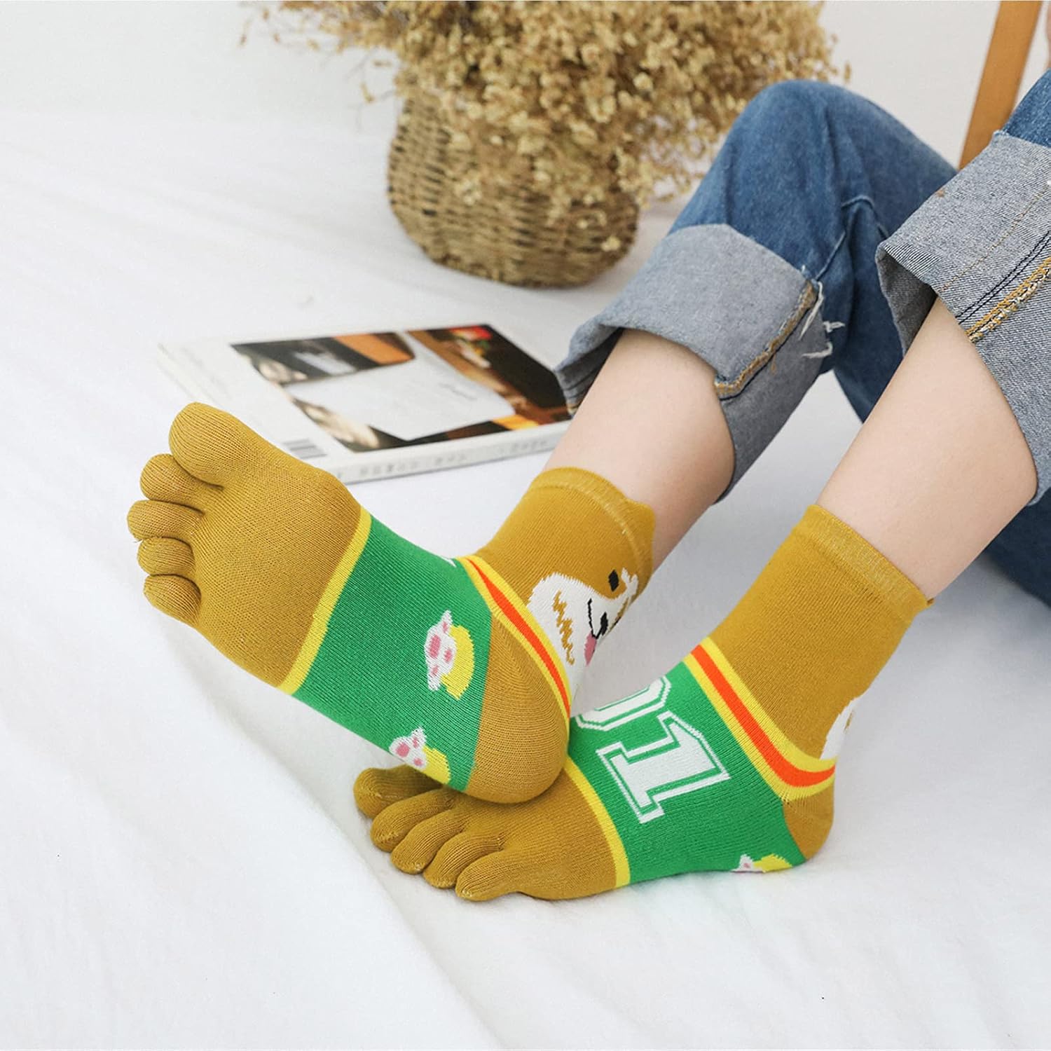 CaiDieNu Women's Animal Toe Socks - Cotton Five Finger Colorful Funny Casual Crew Socks for Ladies