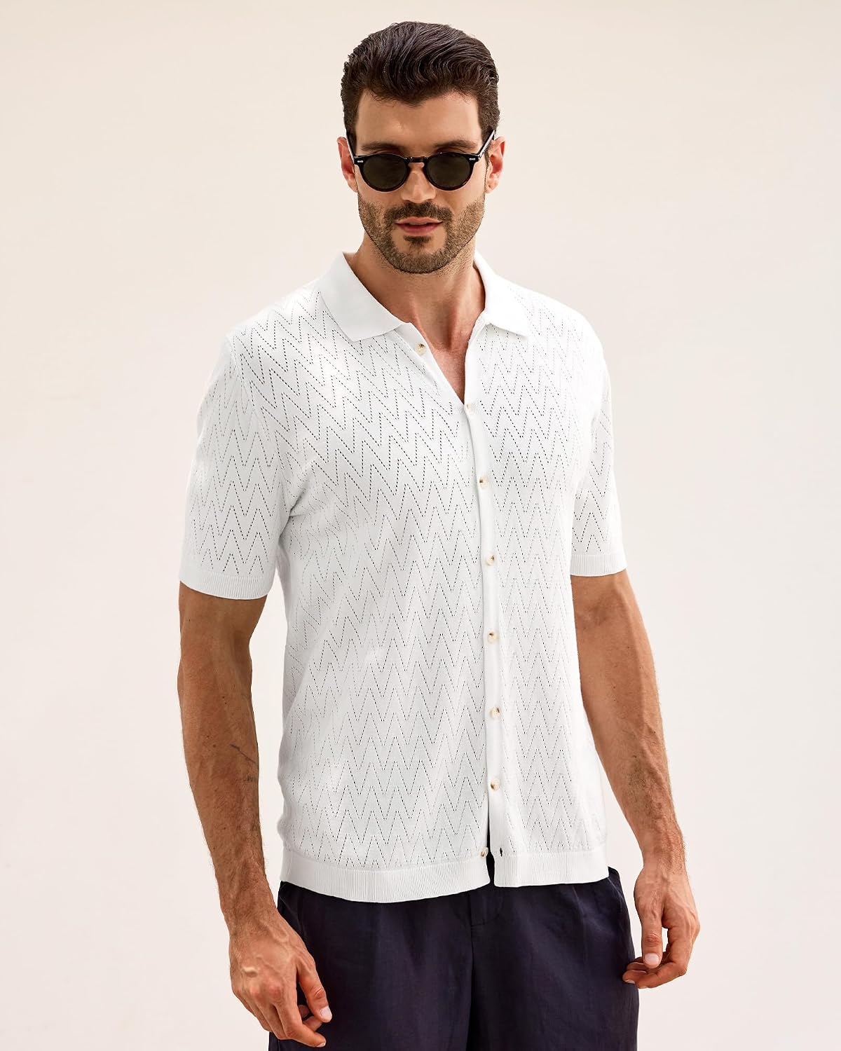 Kallspin Mens Cotton Polo Shirt Short Sleeve Button Down Textured Knit Top Retro Openwork Summer Casual Golf Beach Cardigan
