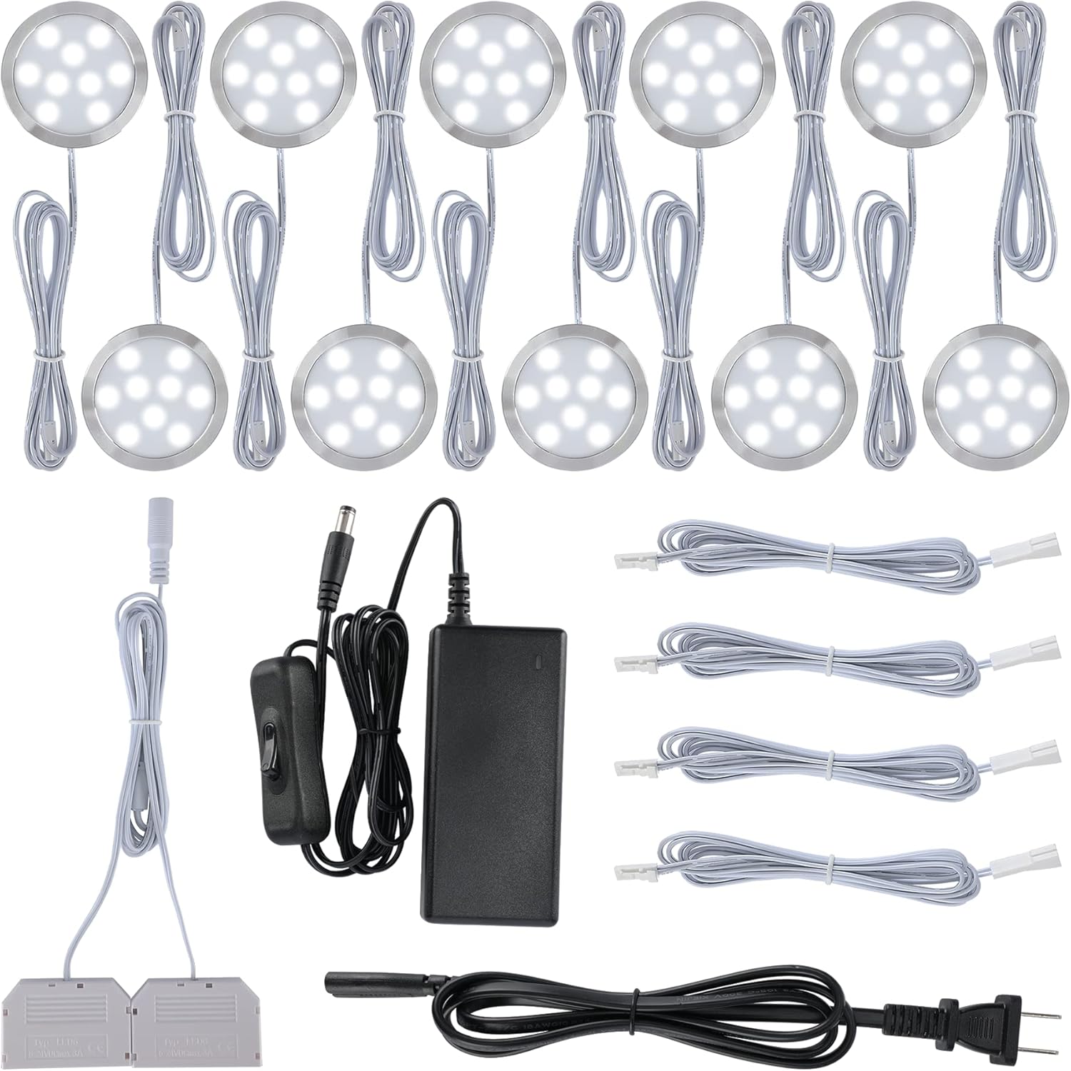 Hardwired Under Cabinet Lighting Kit, LED Puck Lights for Display Counter Cases, 120V Electric Wall Plug, 10 Ways Octopus Junction Box, On Off Switch, Cool White 6000K, 10 Lights