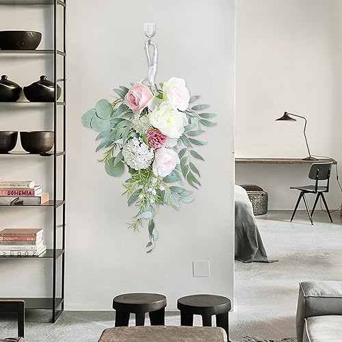 RNCOZE Guirnalda de peonía artificial con hojas de eucalipto, guirnalda floral de primavera para puerta delantera, guirnalda para colgar en la