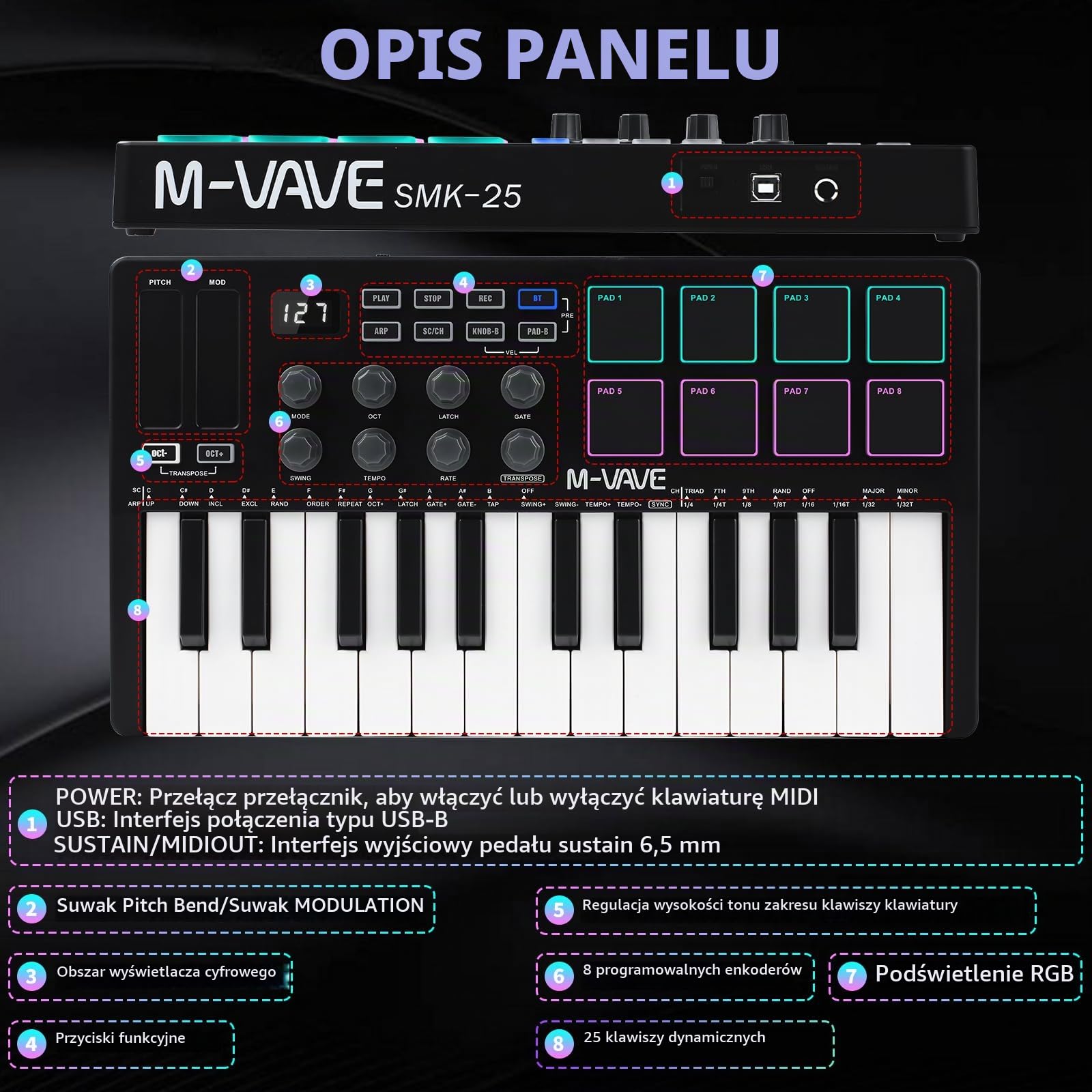 M-VAVE Mini 25-przyciskowa klawiatura MIDI, klawiatura sterująca, klawiatura muzyczna, elektroniczny keyboard MIDI, podkładka kontrolera, SMK-25, czarna i biała, wbudowany akumulator