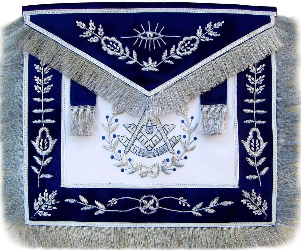 Bricks Masons Past Master Blue Lodge Apron - Hand Embroidered Vinework & Silver Fringe Tassels